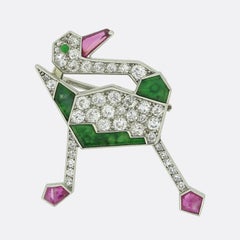 Cartier Art Deco Ruby Diamond Jade Stork Brooch