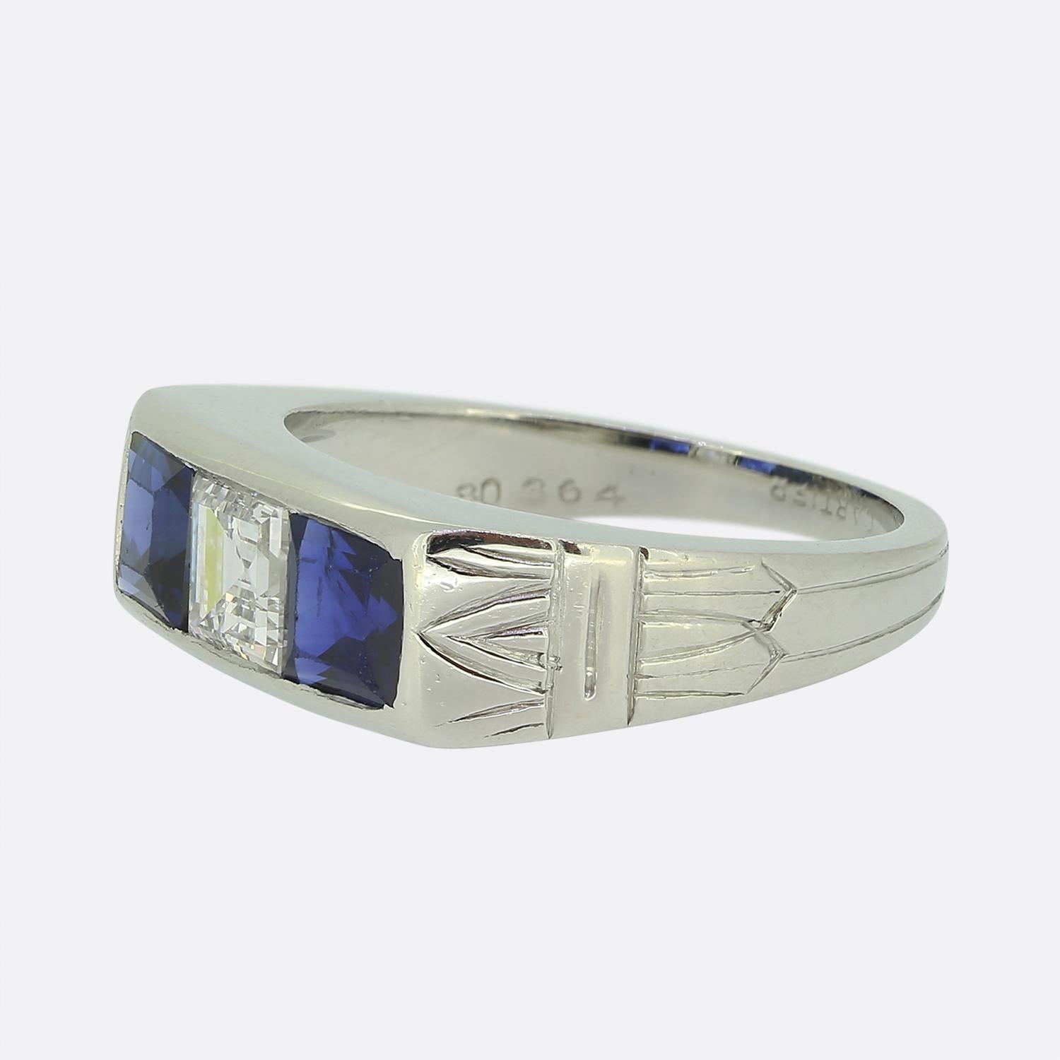 Quadrato Cartier Ruby Sapphire and Diamond Three-Stone Rings Set in vendita