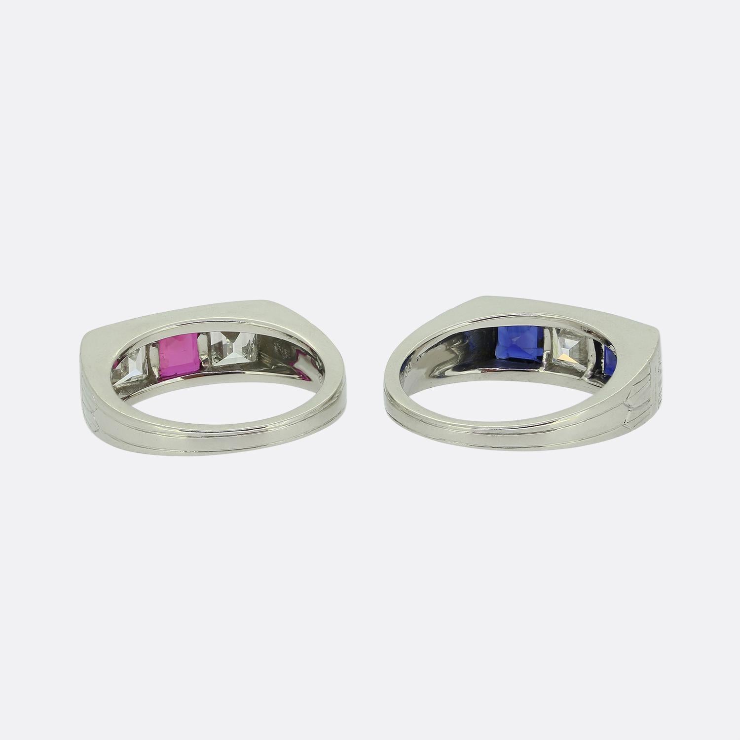 da uomo o donna Cartier Ruby Sapphire and Diamond Three-Stone Rings Set in vendita