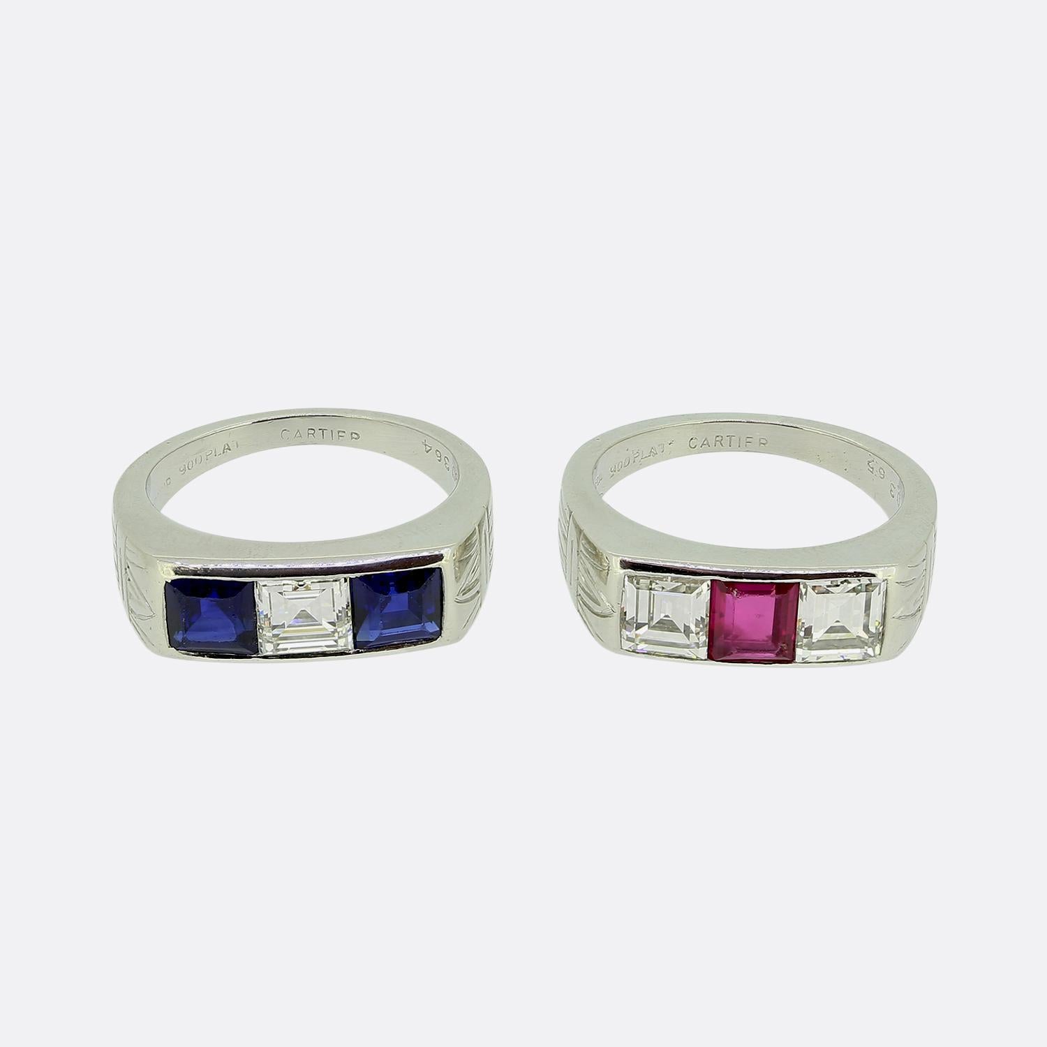 Cartier Ruby Sapphire and Diamond Three-Stone Rings Set in vendita 1