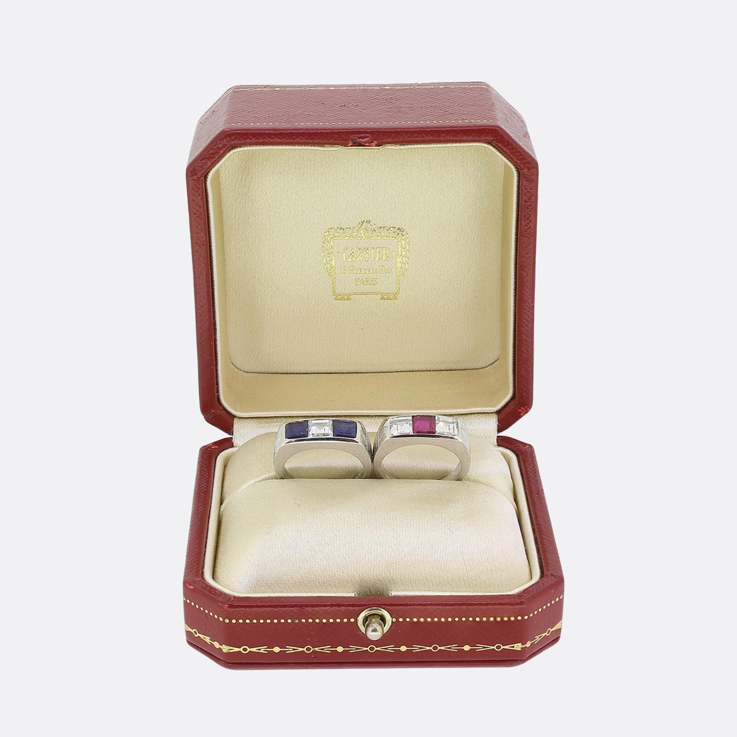 Cartier Ruby Sapphire and Diamond Three-Stone Rings Set in vendita 2