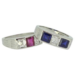 Cartier Ruby Sapphire and Diamond Three-Stone Rings Set