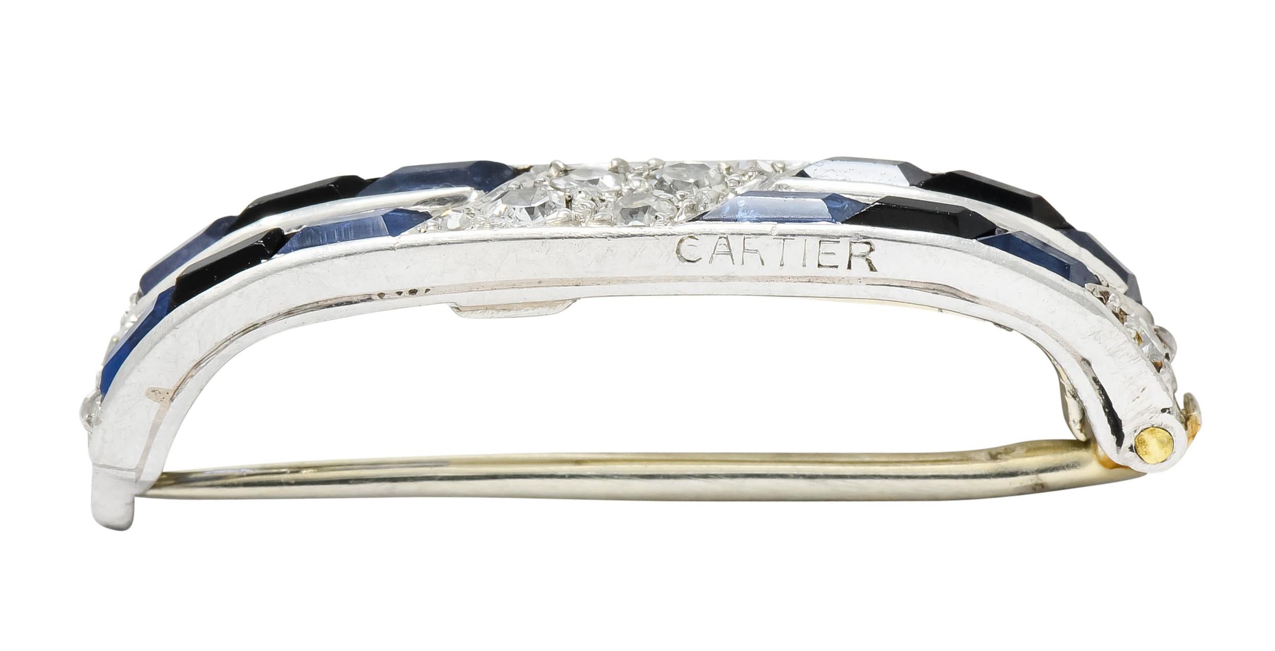 Cartier Art Deco Sapphire Diamond Platinum Unisex Tie Lapel Pin Brooch 2