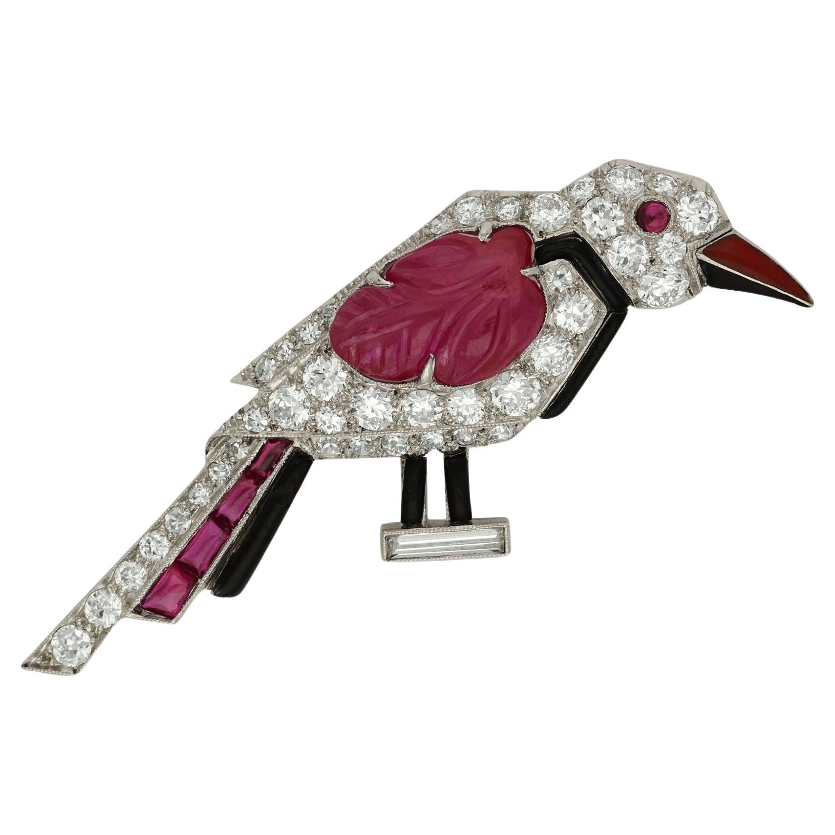 Cartier Art Deco Stylised Diamond And Carved Ruby Bird Brooch Circa 1925 London For Sale