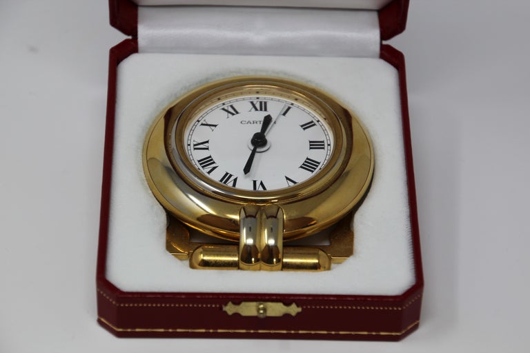 Cartier Art Deco Travel Quartz 24Karat GoldPlated Desk Clock For Sale