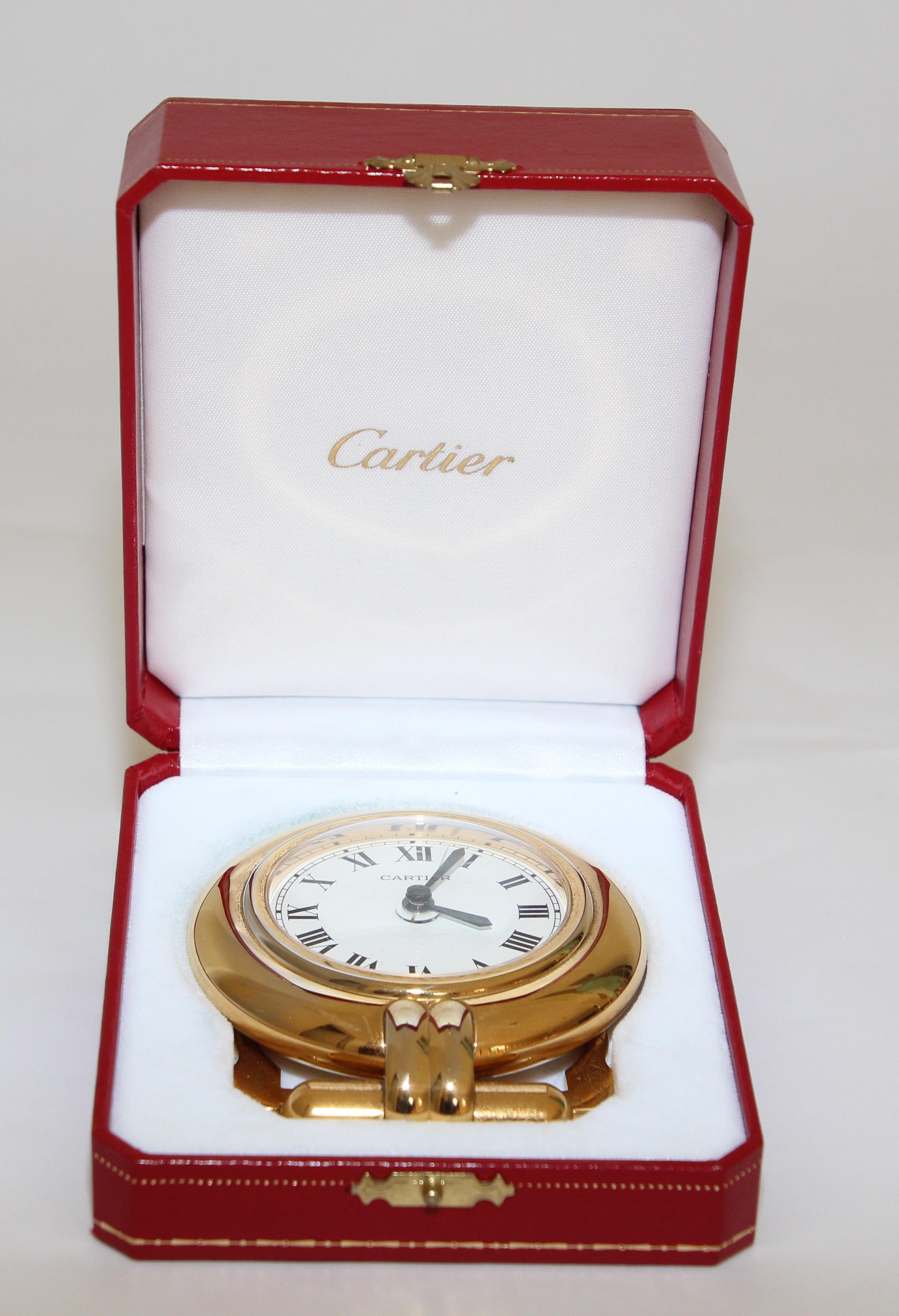French Cartier Art Deco Travel Quartz 24-Karat Gold-Plated Desk Clock Vintage