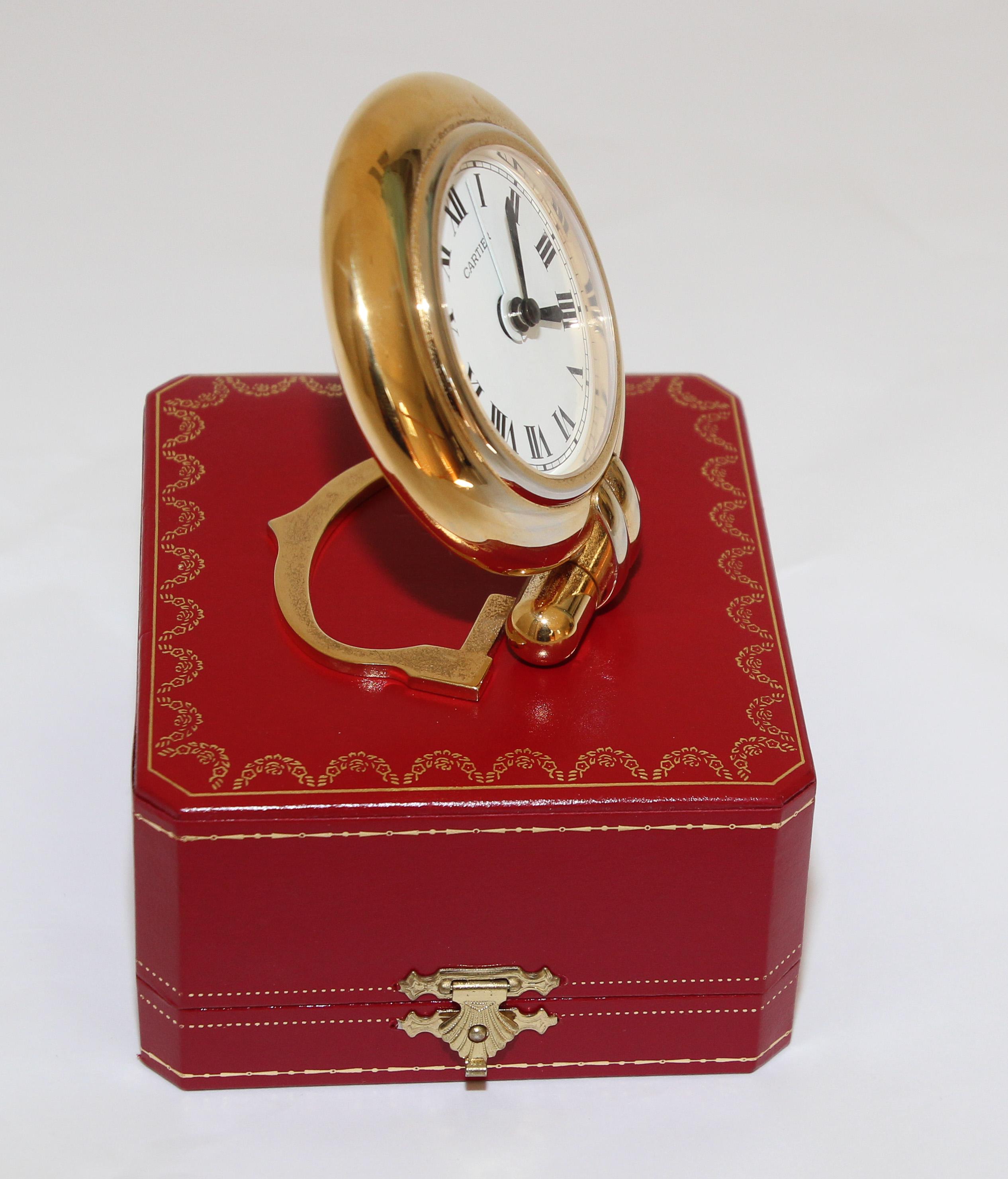 20th Century Cartier Art Deco Travel Quartz 24-Karat Gold-Plated Desk Clock Vintage