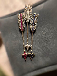 Cartier Art Deco Tricolour Ruby Sapphire Diamond Platinum 18k Gold Brooches Pins