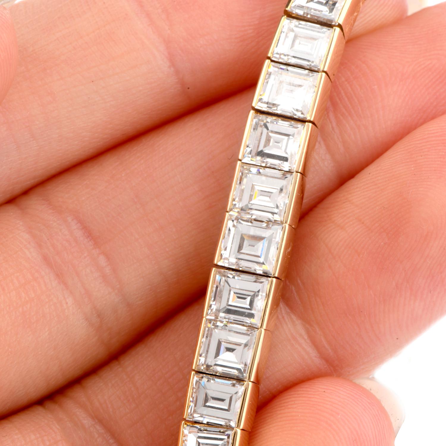 Women's or Men's Cartier Asscher Diamond 18 Karat Gold Line Tennis Bracelet