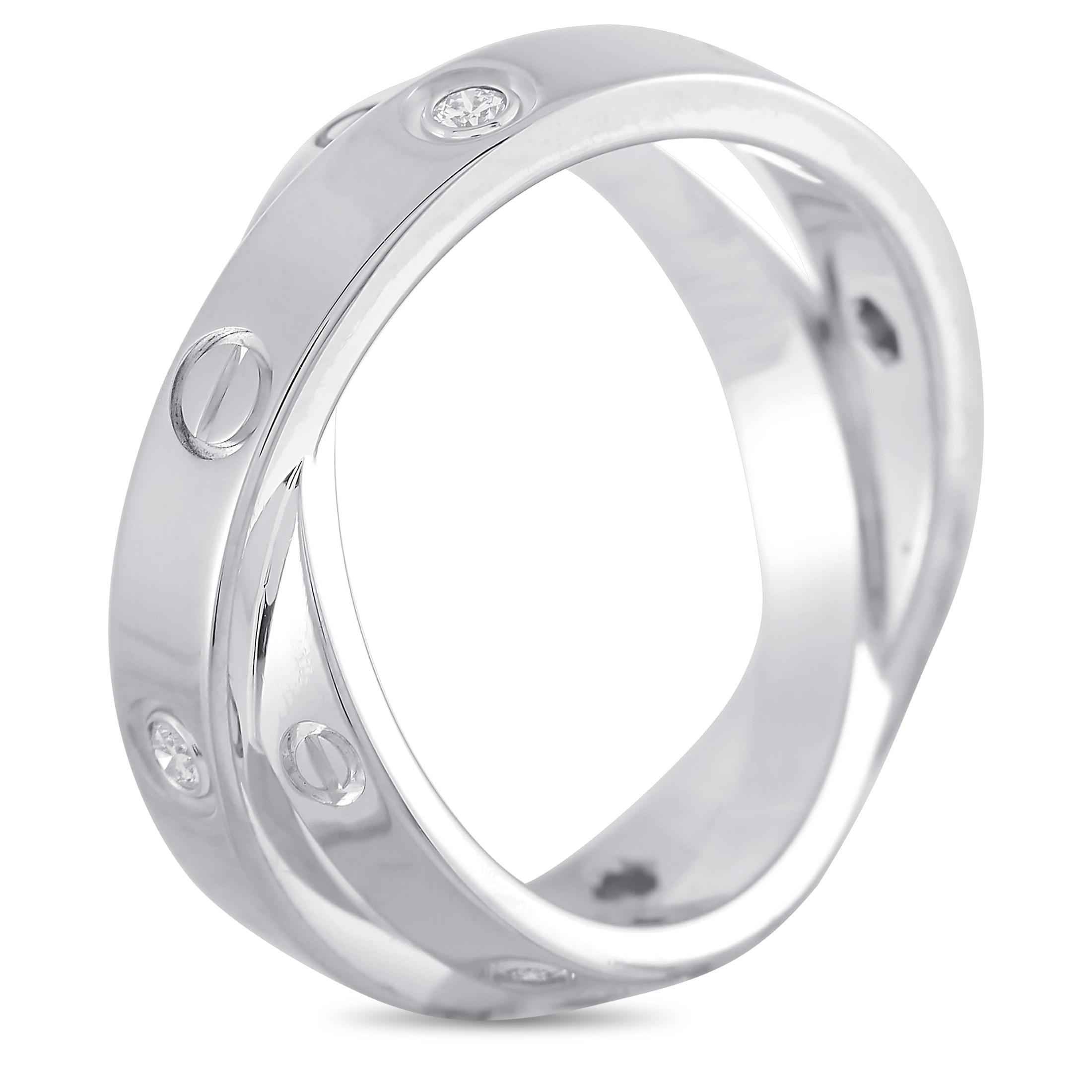 Celebrate a love that has survived twists and turns with this Cartier Astro Love Ring. Forged in 18K white gold, this double ring that twists and turns features a diamond-and-screw motif around its outer edge. The simple yet elegant style is perfect
