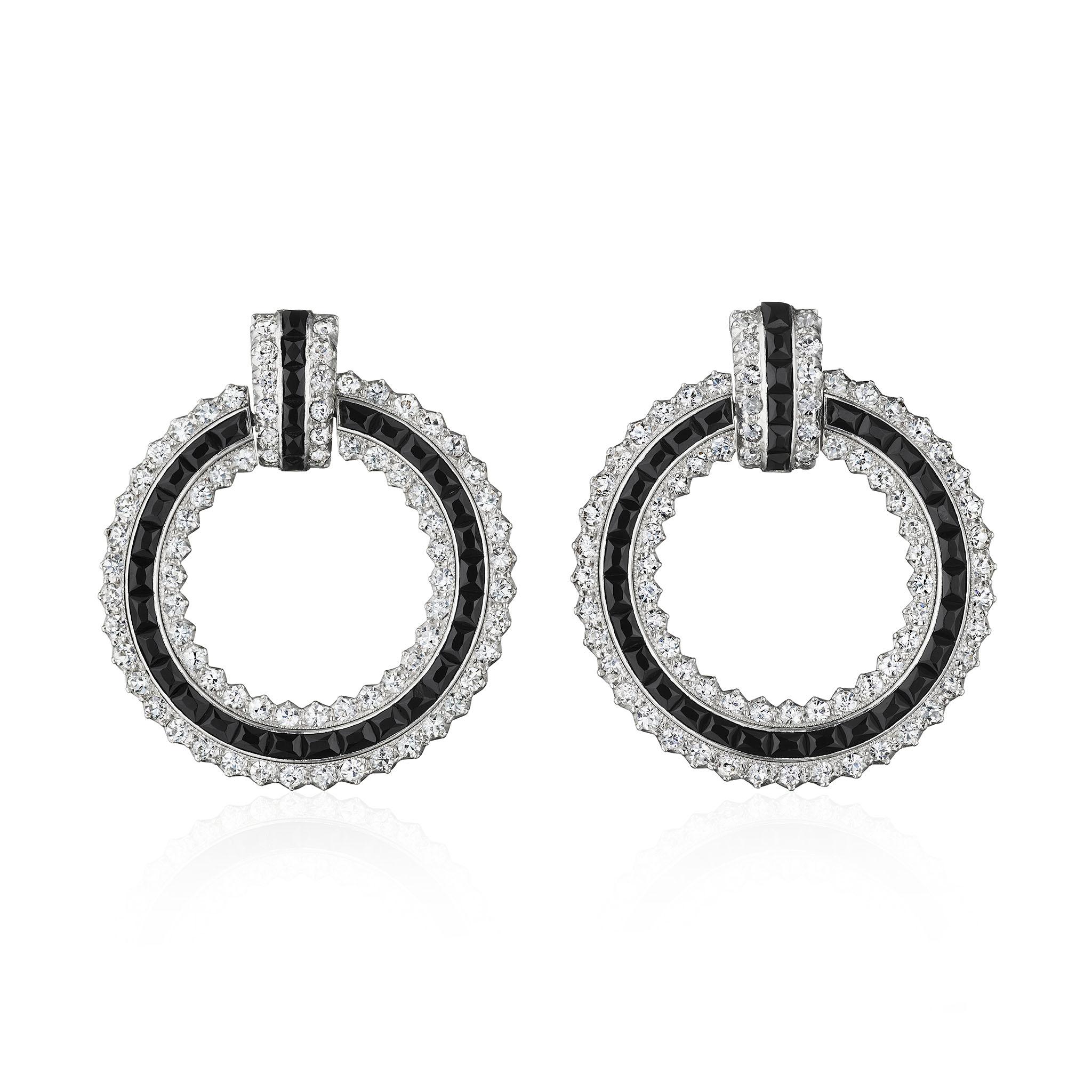 French Cut Cartier Attributed Art Deco Onyx and Diamond Hoop Earrings For Sale