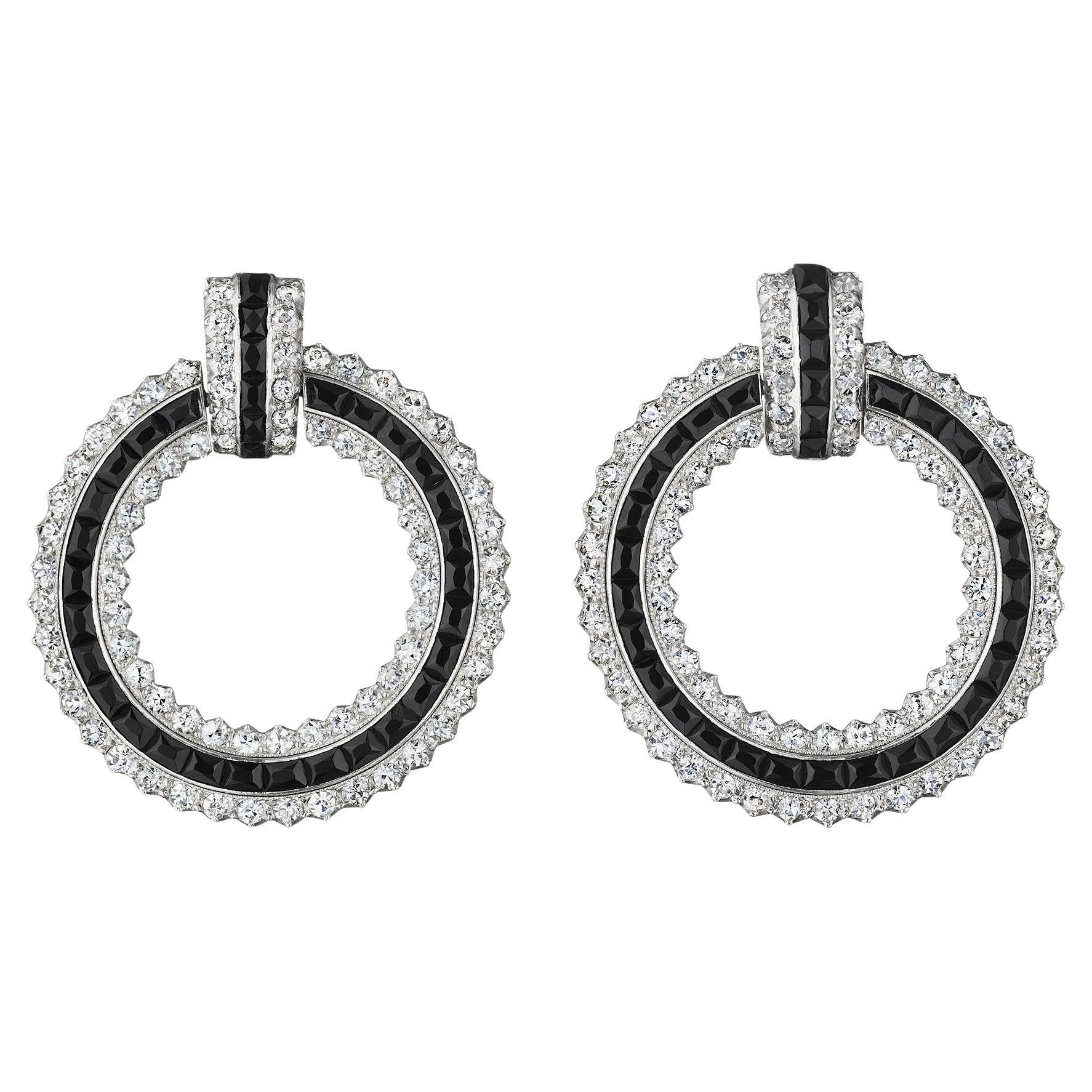 Cartier Attributed Art Deco Onyx and Diamond Hoop Earrings For Sale