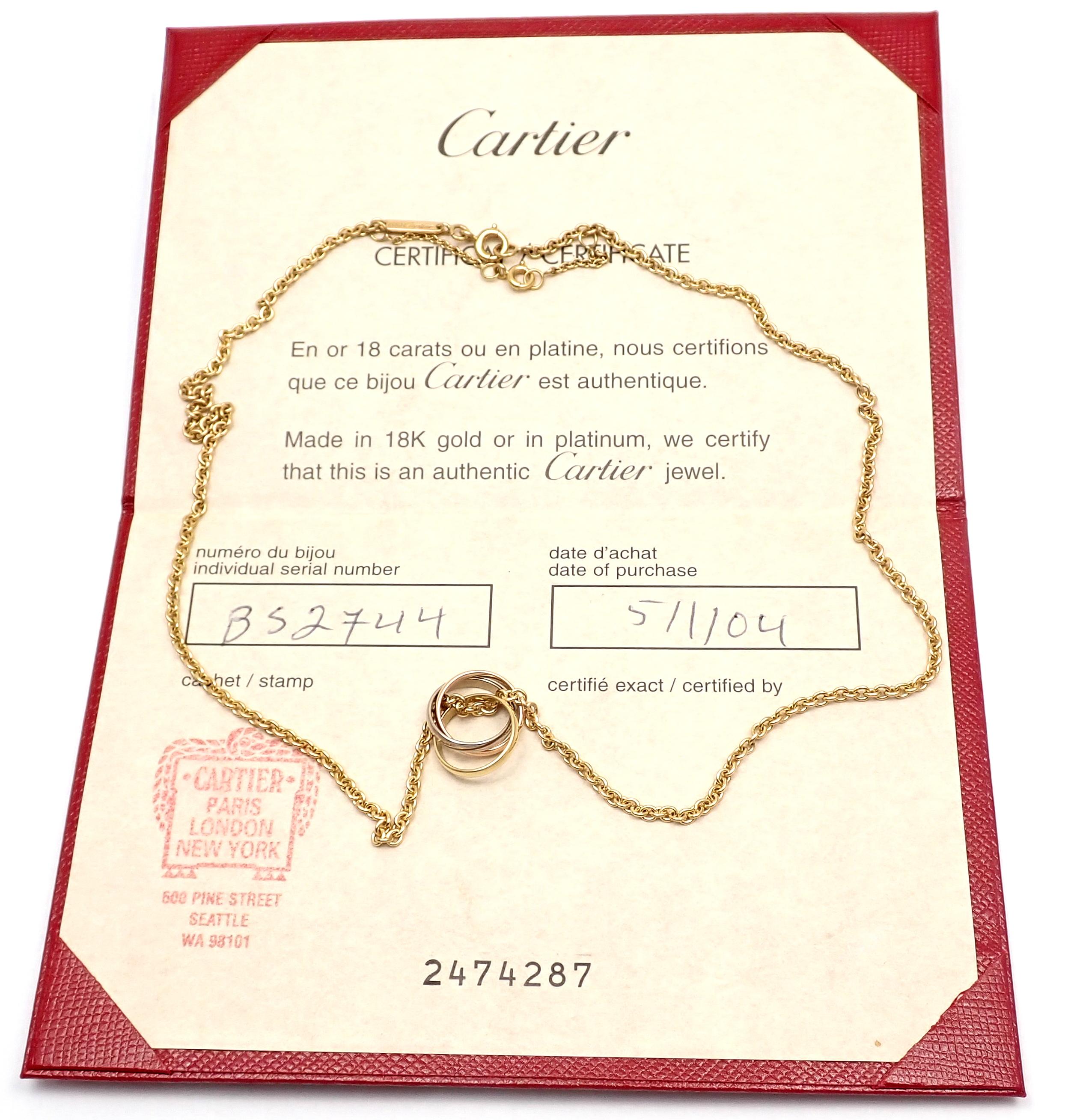 18k Tri-Color Gold Baby Trinity Pendant Necklace by Cartier. 
This necklace comes with certificate of authenticity from Cartier store.
Details: 
Pendant: Pendant : 13.3mm
Length 16