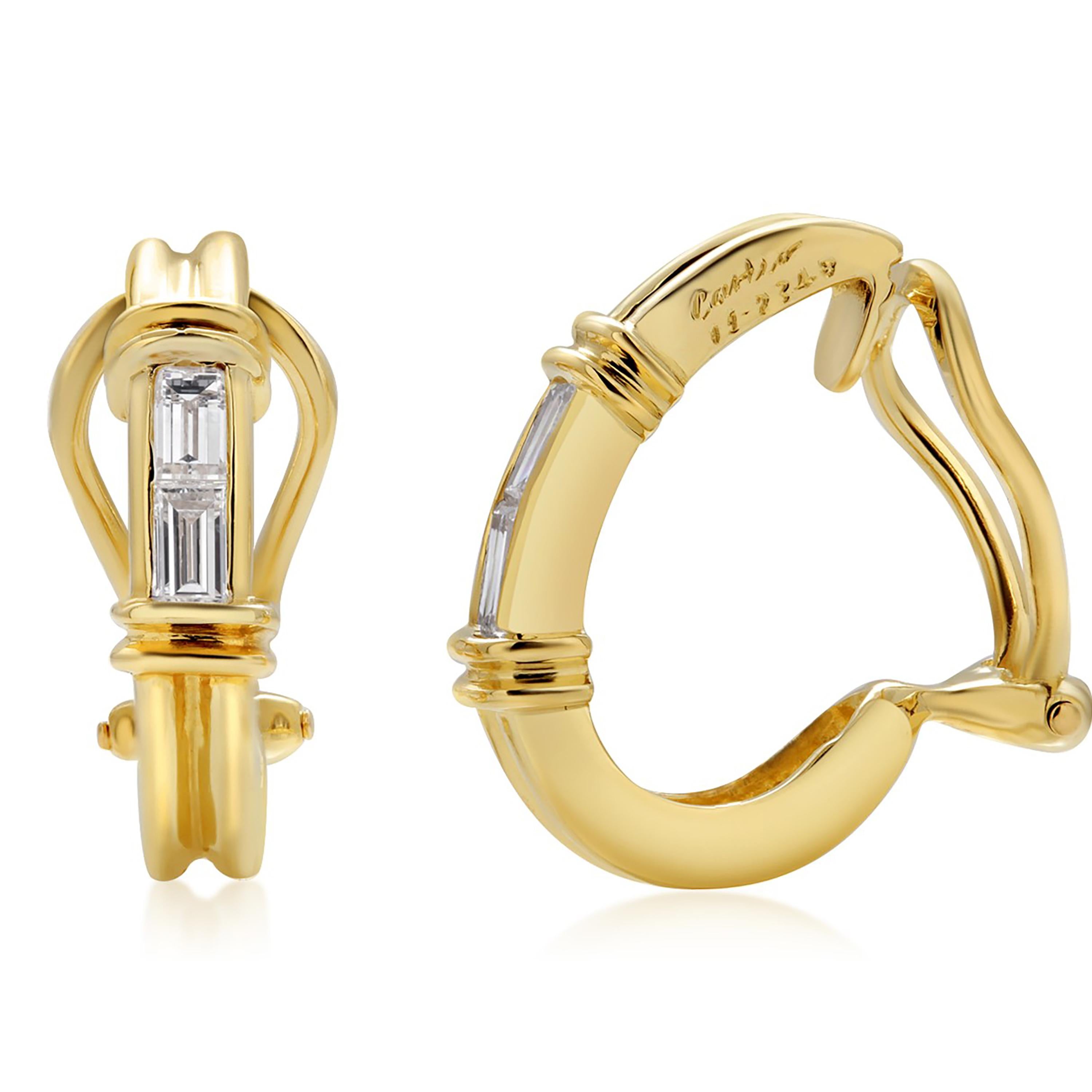 Contemporary Cartier Baguette Diamond Eighteen Karat Yellow Gold Clip On Earrings