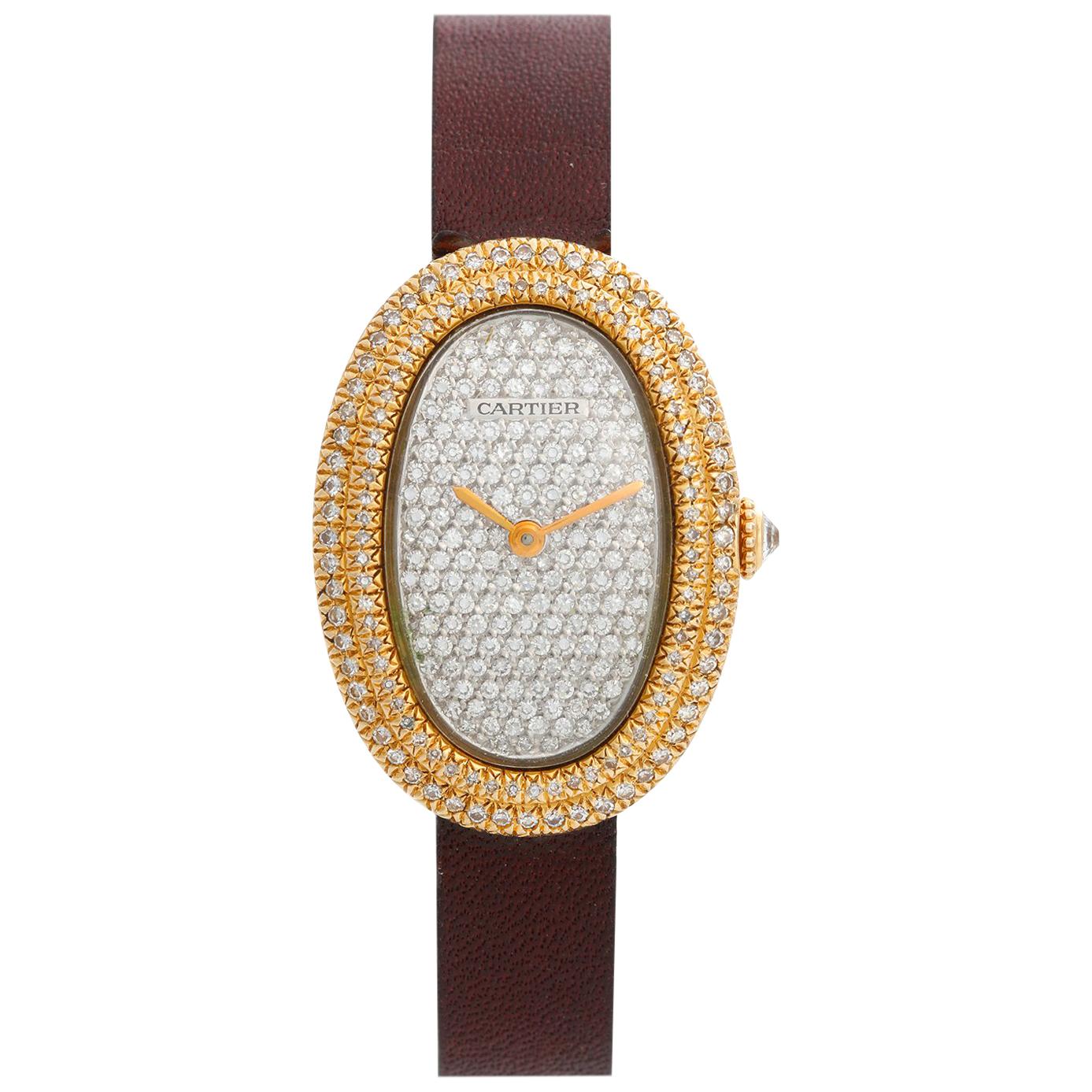 Cartier Baignoire 18 Karat Gold Pavé Diamond Watch, Manual, 18 Karat Yellow gold