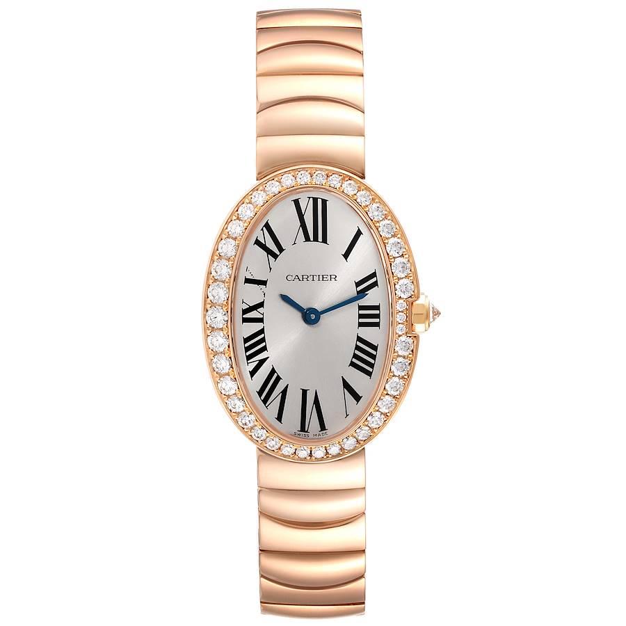 Cartier Baignoire 18K Rose Gold Diamond Ladies Watch WB520002 Unworn. Mouvement à quartz. Boîtier ovale en or rose 18 carats 24,5 mm x 31,6 mm. Épaisseur du boîtier : 7.0 mm. La couronne est sertie de diamants. Lunette en or rose 18 carats d'origine