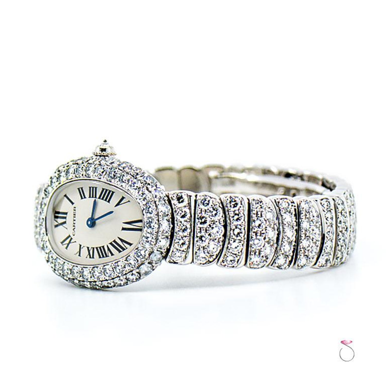 Cartier Baignoire 18k Wg Factory Diamond Case And Bracelet Ladies Watch Ref 1955 For Sale At 1stdibs