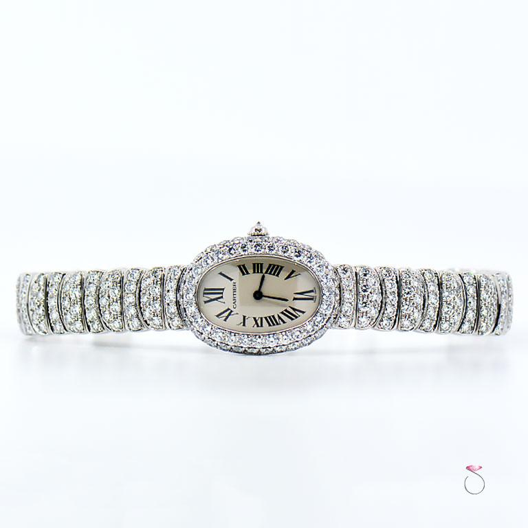 Round Cut Cartier Baignoire 18K WG Factory Diamond Case & Bracelet Ladies Watch. Ref. 1955