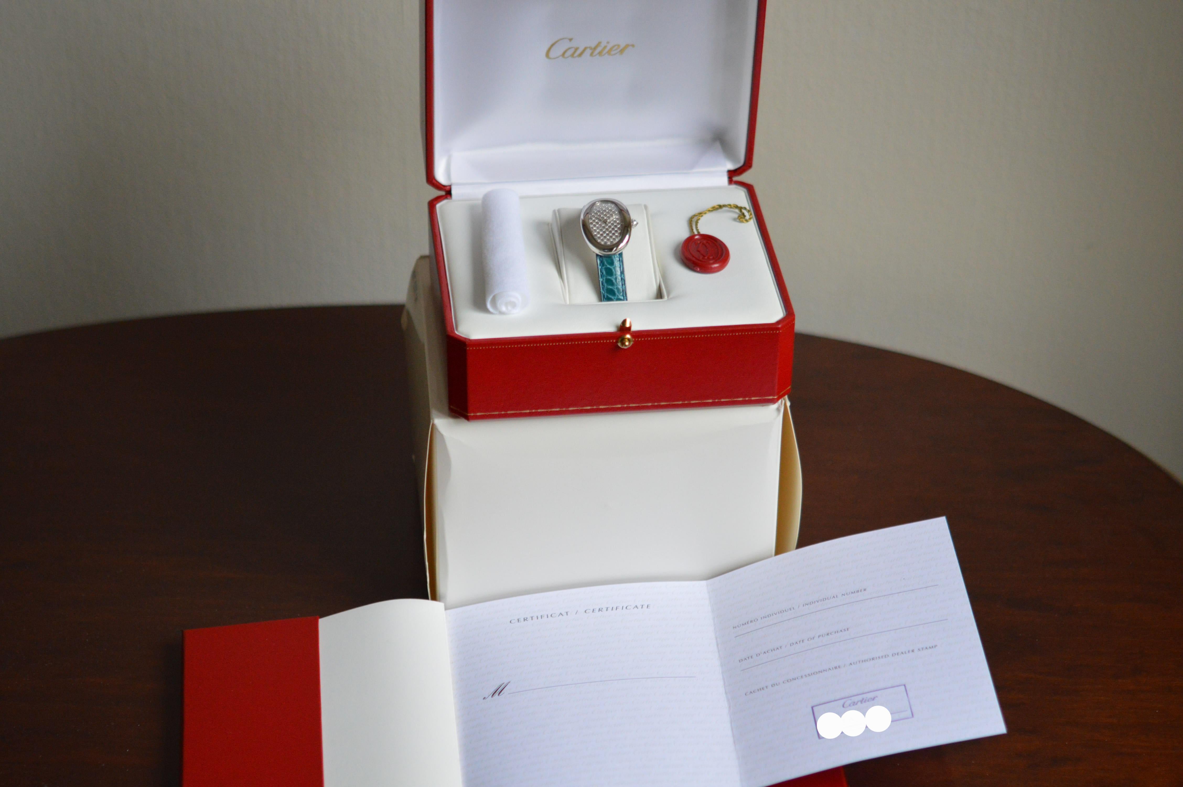 Cartier Baignoire 18k White Gold Cadran Pavé Collection Unworn Full Set In New Condition For Sale In Geneva, CH