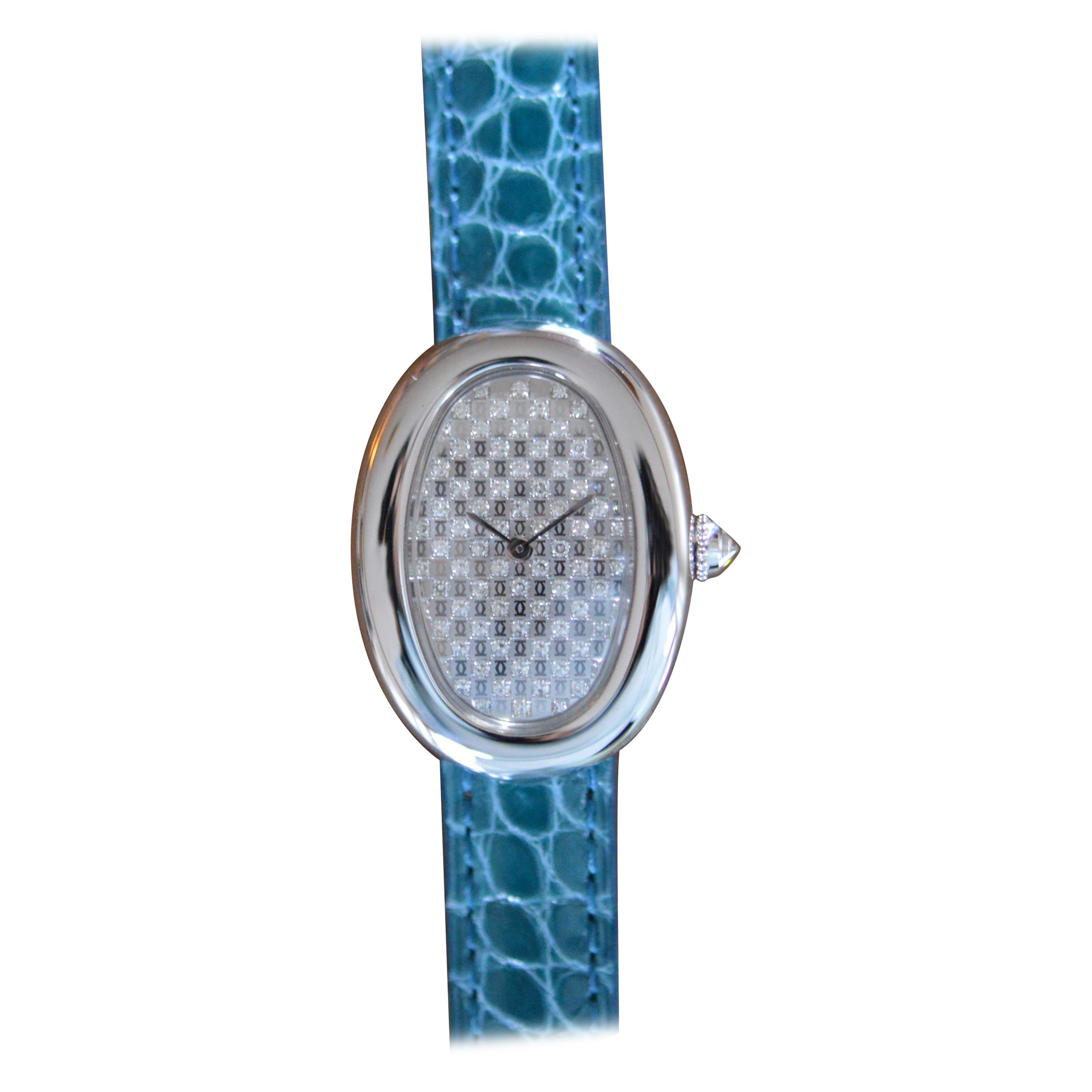 Cartier Baignoire 18k White Gold Cadran Pavé Collection Unworn Full Set For Sale