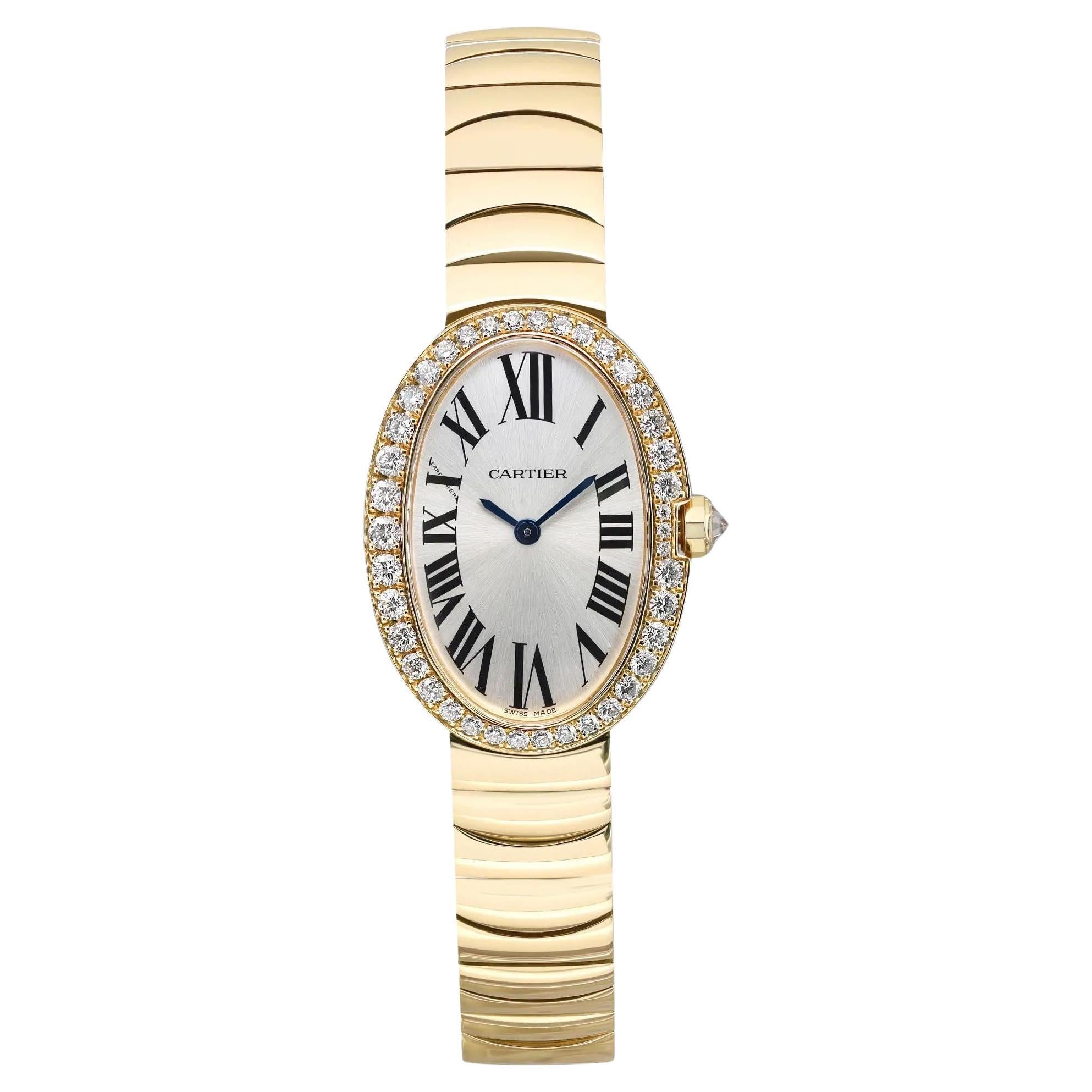 Cartier Baignoire 18k Yellow Gold Diamond Silver Dial Quartz Watch WB520019