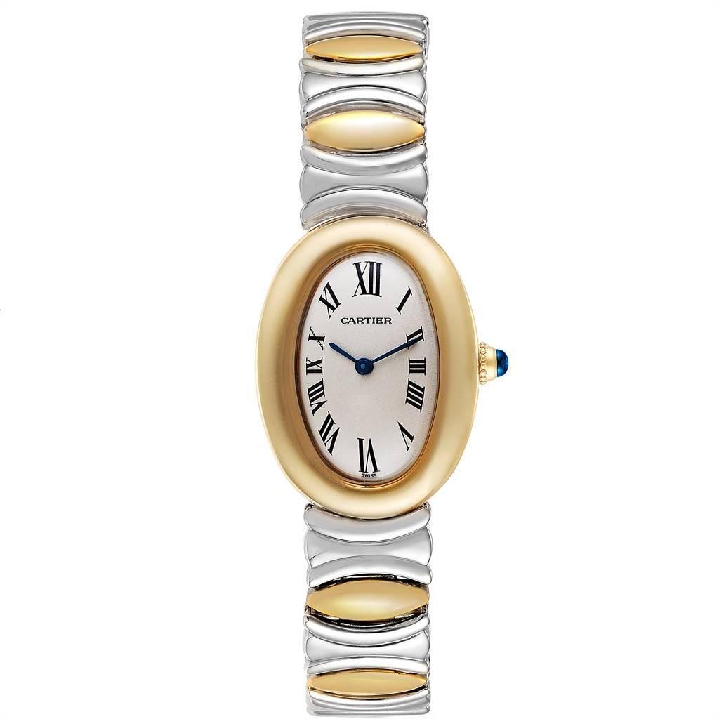 Cartier Baignoire 18k Yellow Gold Steel Ladies Watch W15045D8. Quartz movement. 18k yellow gold oval case 31.0 x 22.5 mm. Circular grained crown set with the blue spinel cabochon. Scratch resistant sapphire crystal. Silver grained dial. Painted