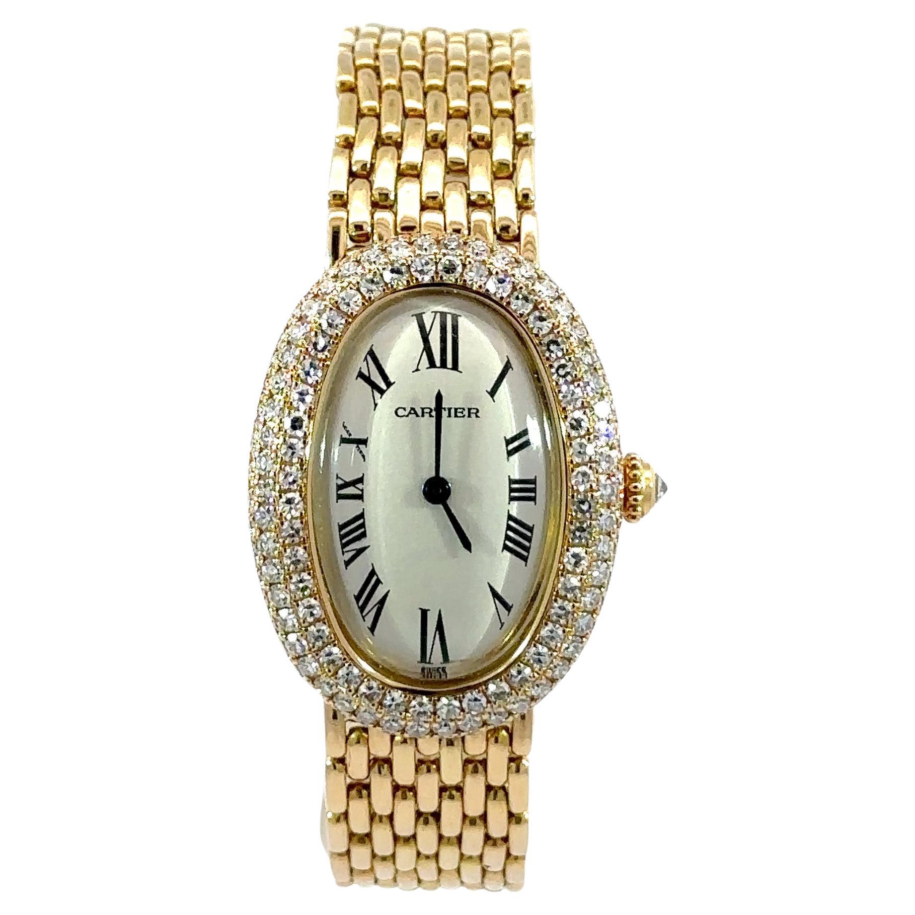 Cartier Baignoire 18K Yellow Gold with Three Row Diamonds Bezel Ladies Watch For Sale