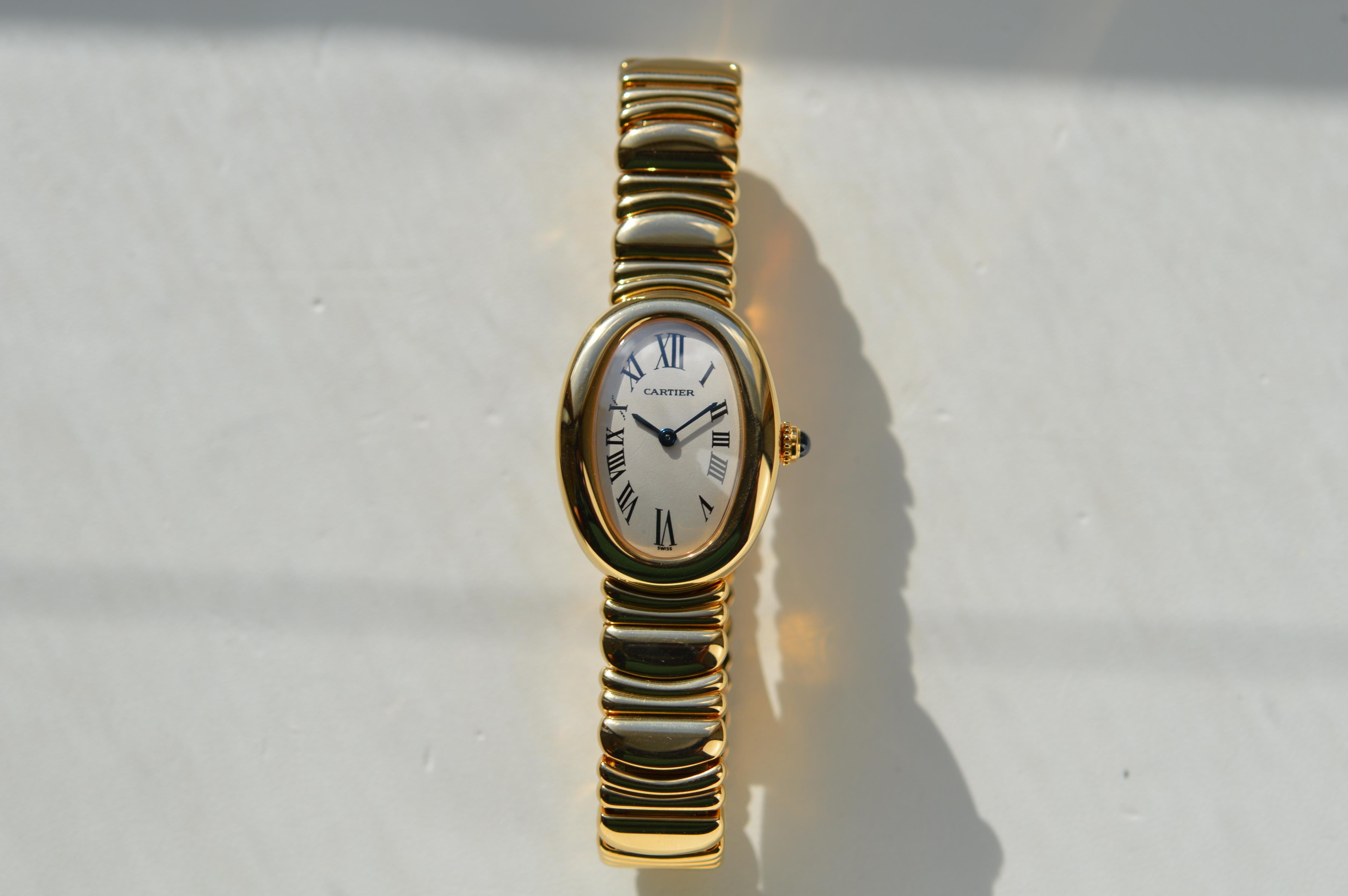 Cartier Baignoire 1920 Full 18K Yellow Gold
Reference n° W15045D8
31mm X 23mm
18K Yellow Gold Case and Bracelet
Blue Sapphire Cabbuchon Crown
Cream/White Dial
Blued Steel Sword Shaped Hands
Quartz Movement
Water Resistant 3ATM - 30M - 100 FT
New Old