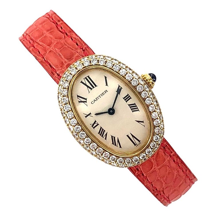 Cartier Baignoire 1920 2-Row Diamond Bezel 18 Karat Yellow Gold Watch ...