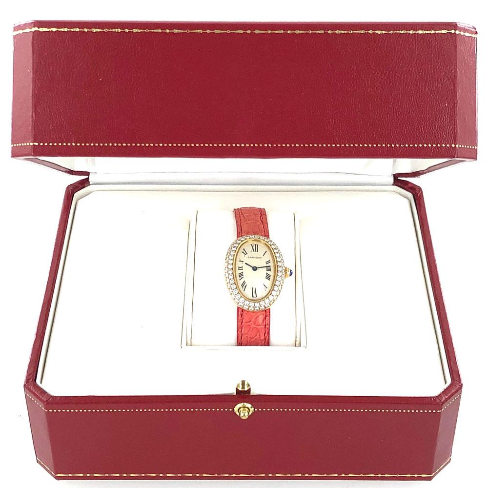 Round Cut Cartier Baignoire 1920 2-Row Diamond Bezel 18 Karat Yellow Gold Watch