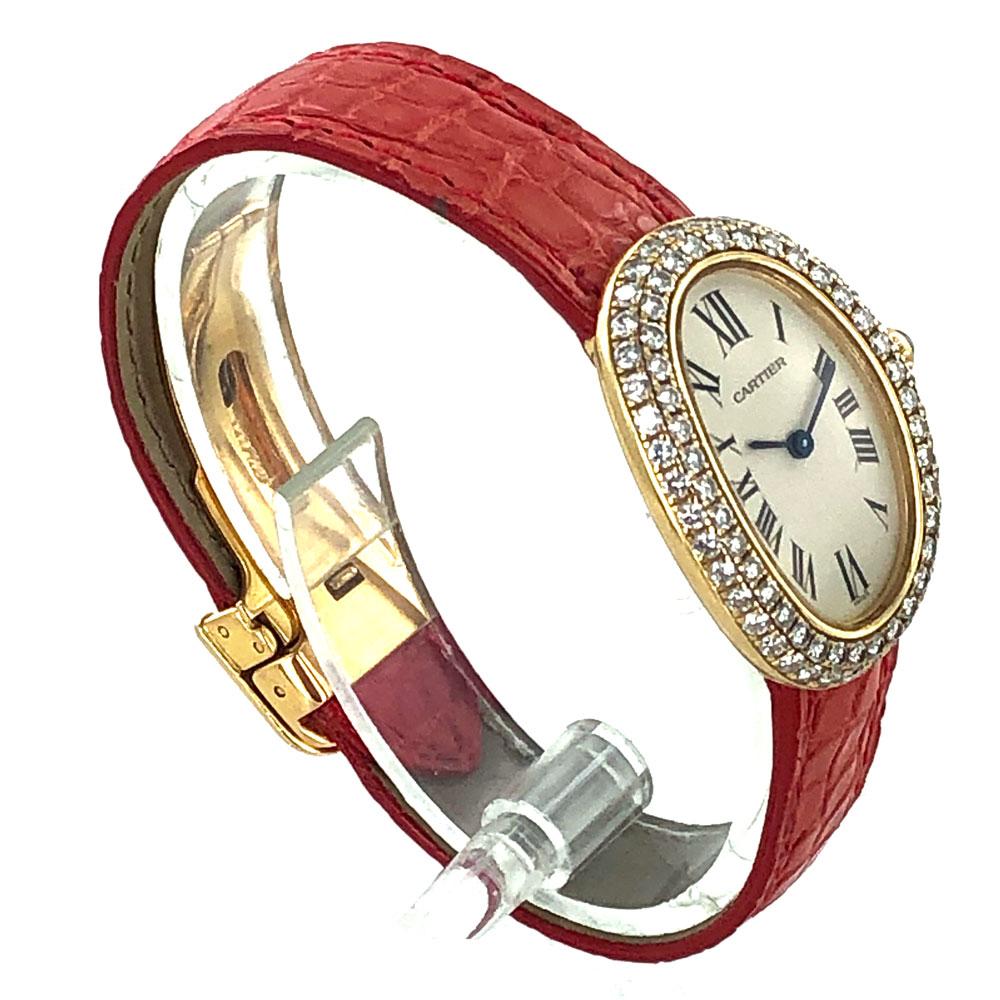 Cartier Baignoire 1920 2-Row Diamond Bezel 18 Karat Yellow Gold Watch In Good Condition In Boca Raton, FL