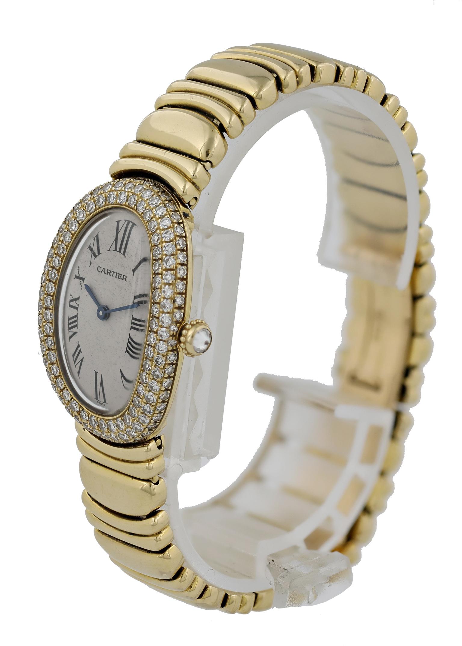 Cartier Baignoire 1950 18K Yellow Gold Ladies Watch. 
22mm 18k Yellow Gold case. 
Yellow Gold None bezel. 
Off-White dial with gold hands and Roman numeral hour markers. 
Minute markers on the outer dial. 
Yellow Gold Bracelet with Butterfly Clasp.