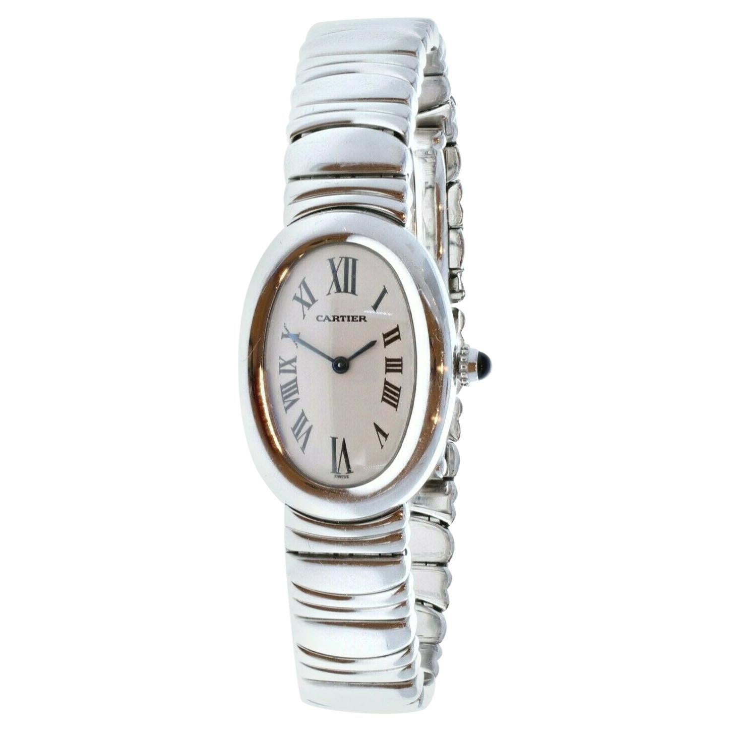 Cartier Baignoire 1955 18k White Gold Quartz Ladies Watch Box For Sale