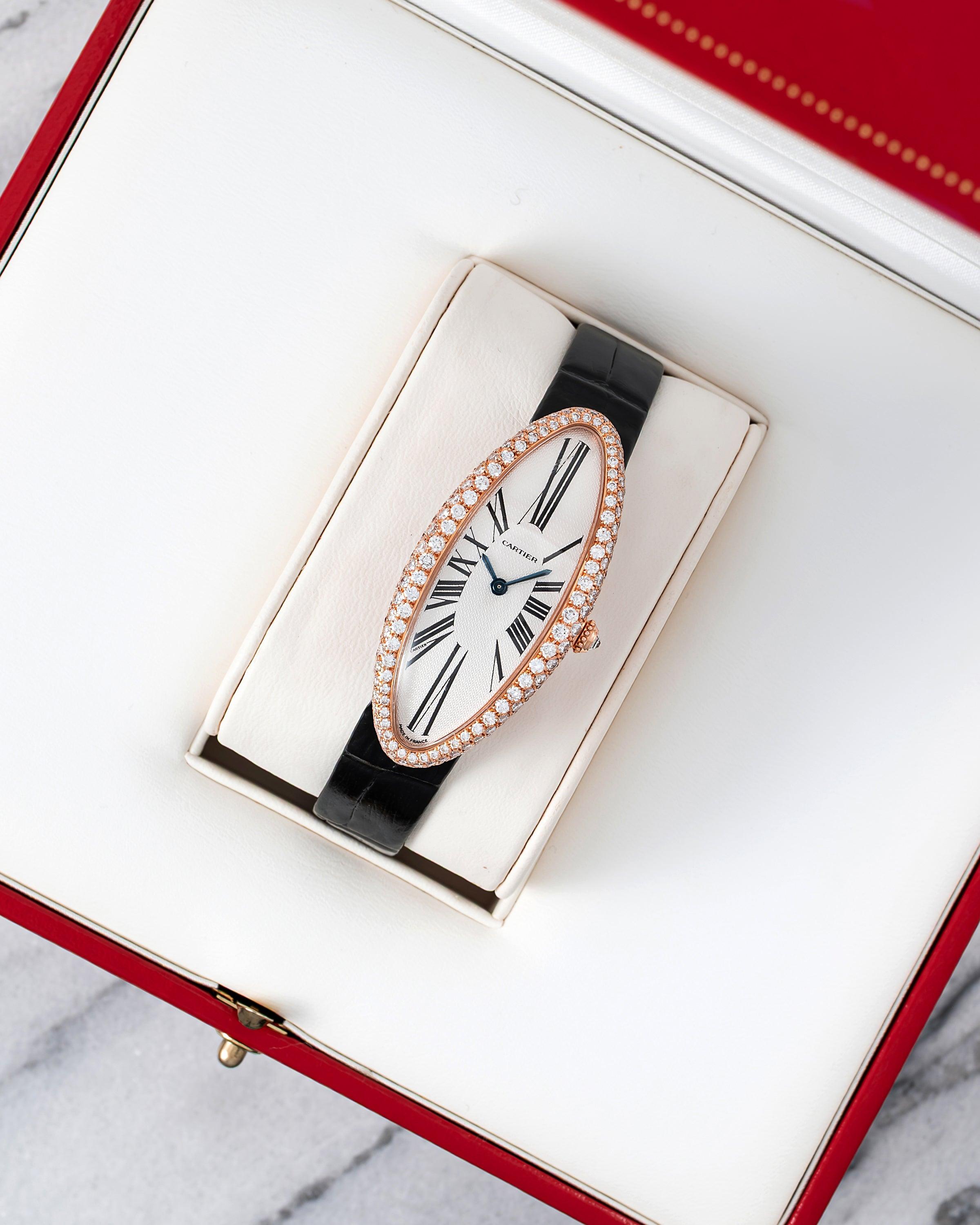 Cartier Baignoire Allongée Diamantbesetzte Uhr in 18K Rose Gold, 2000er Jahre für Damen oder Herren im Angebot