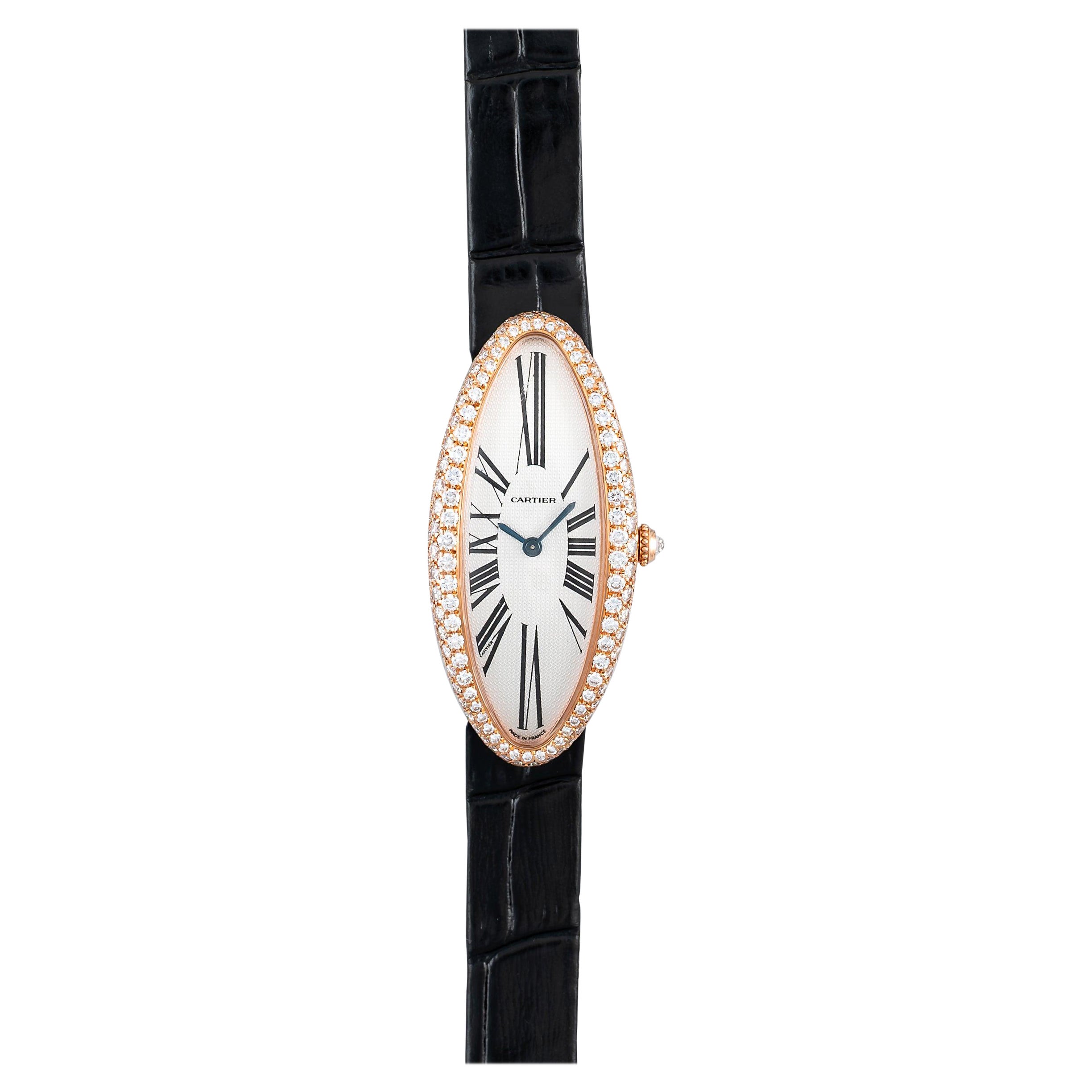 Montre Cartier Baignoire Allongée sertie de diamants en or rose 18 carats, années 2000