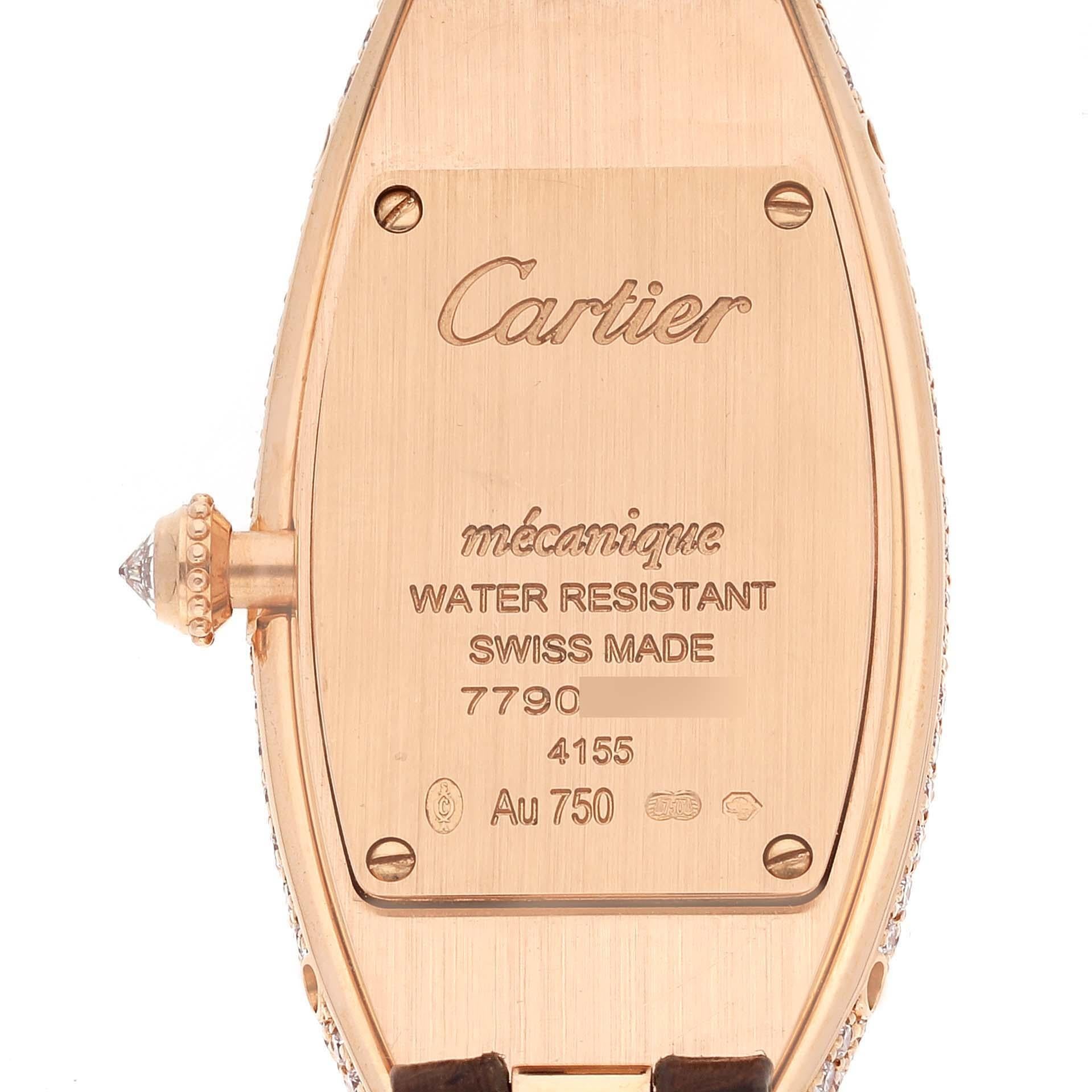 Cartier Baignoire Allongee Rose Gold Diamond Ladies Watch WJBA0006. Manual winding movement. 18k rose gold oval case with original Cartier factory diamonds 47 mm x 21 mm. Beaded crown set with original Cartier factory diamond. Original Cartier