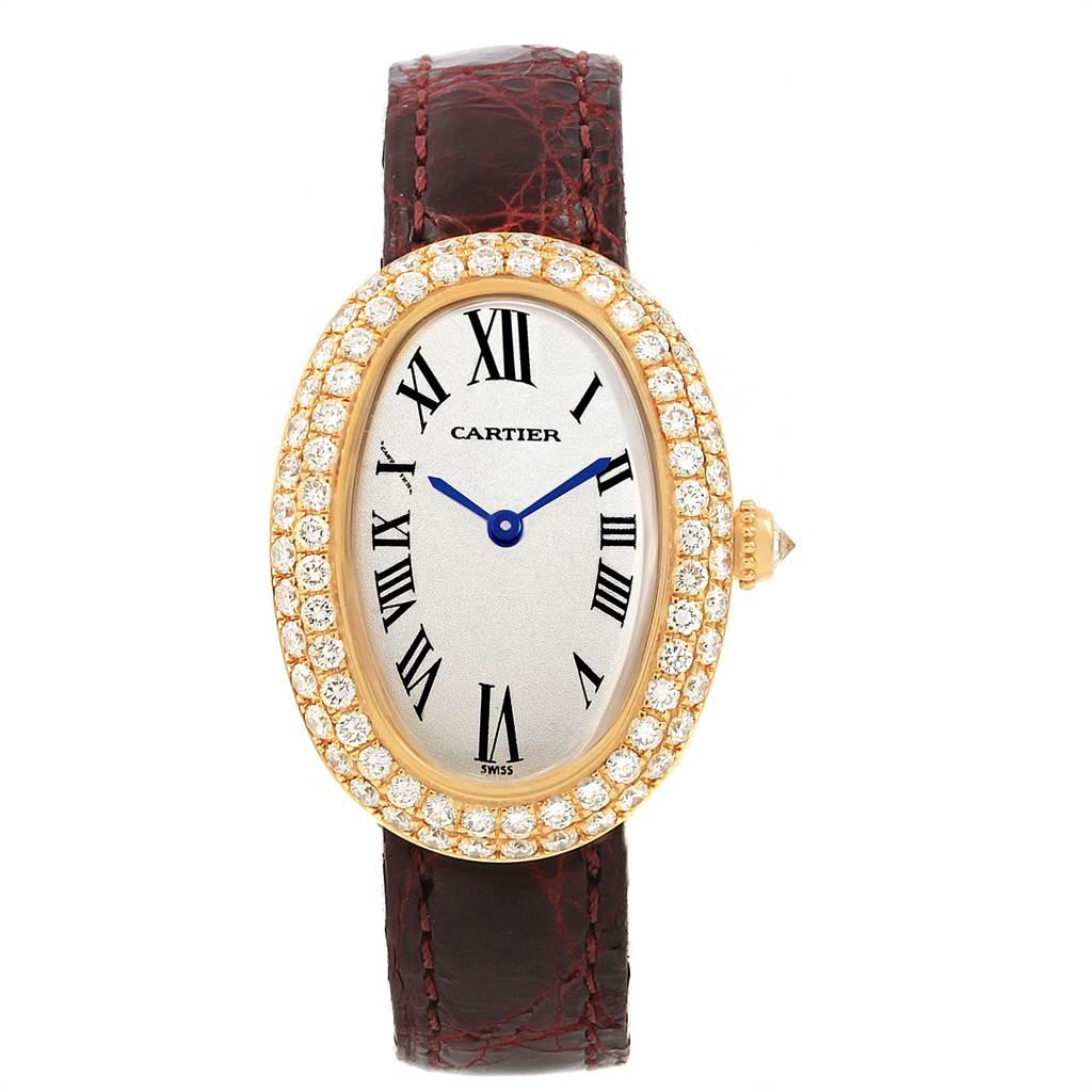 Cartier Baignoire Burgundy Strap Yellow Gold Diamond Ladies Watch 1954 In Excellent Condition In Atlanta, GA