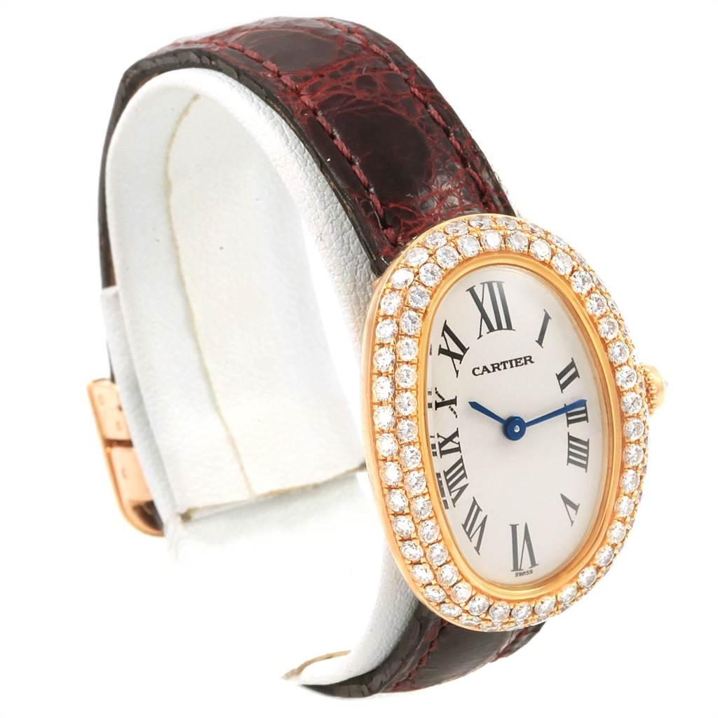 Women's Cartier Baignoire Burgundy Strap Yellow Gold Diamond Ladies Watch 1954