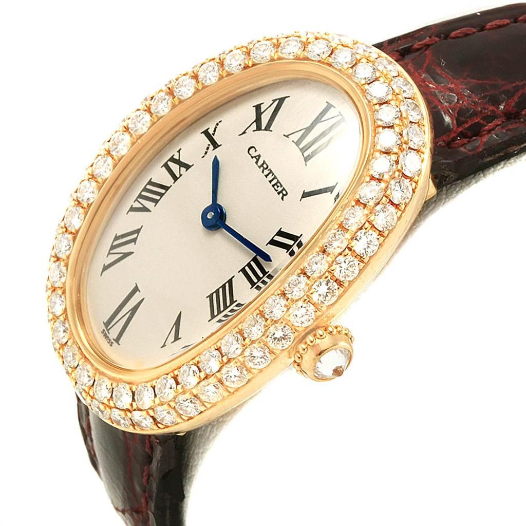 Cartier Baignoire Burgundy Strap Yellow Gold Diamond Ladies Watch 1954 2