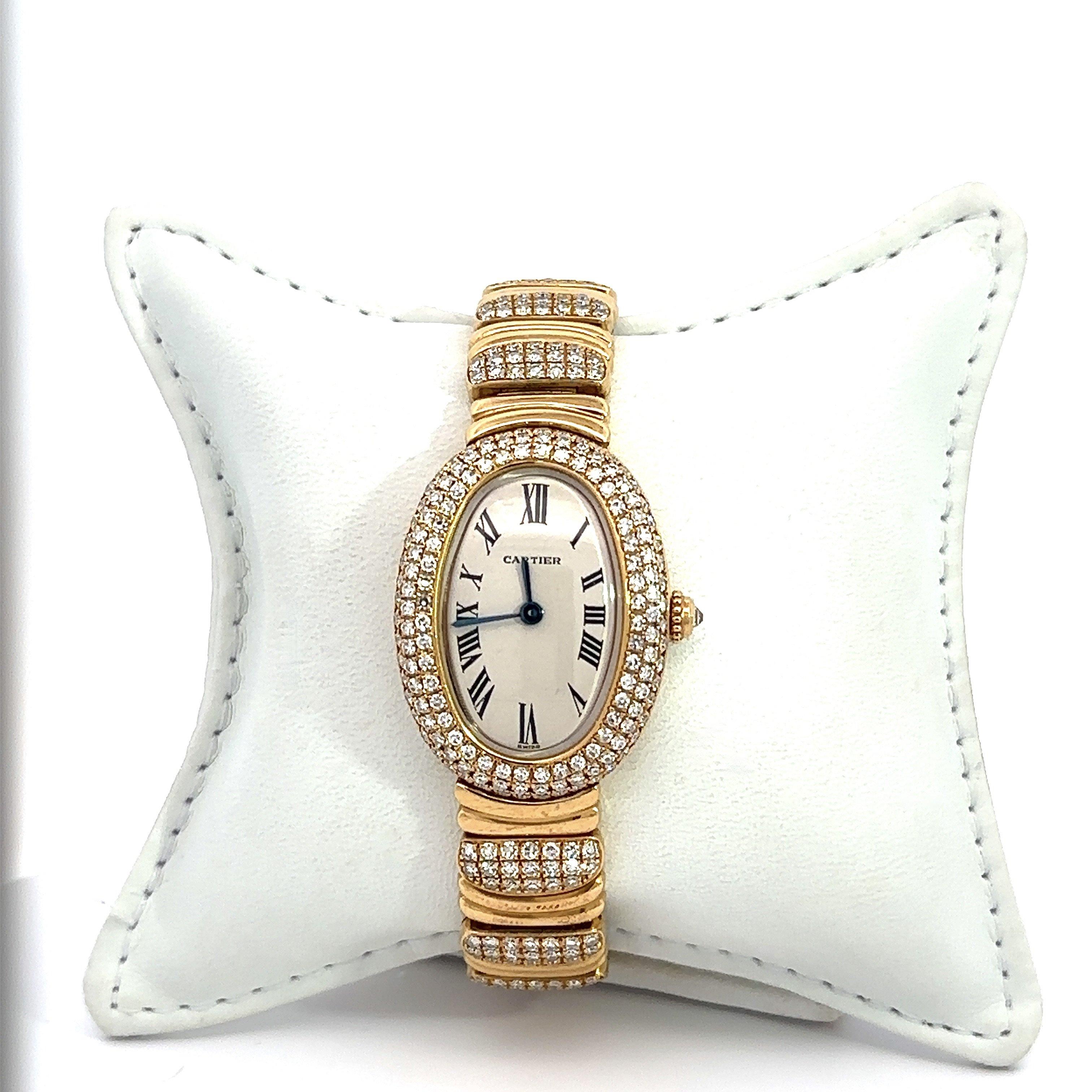 This Stunning Diamond Watch dates from The 1990s and Features a Diamond Bezel and Band. 
The Case measures 30mm x 22.5mm.
The Watch has a quartz movement.
It Currently fits a Wrist up to 6” inches.
Reference #0543. 
Weight 89.4 grams 18kt Yellow