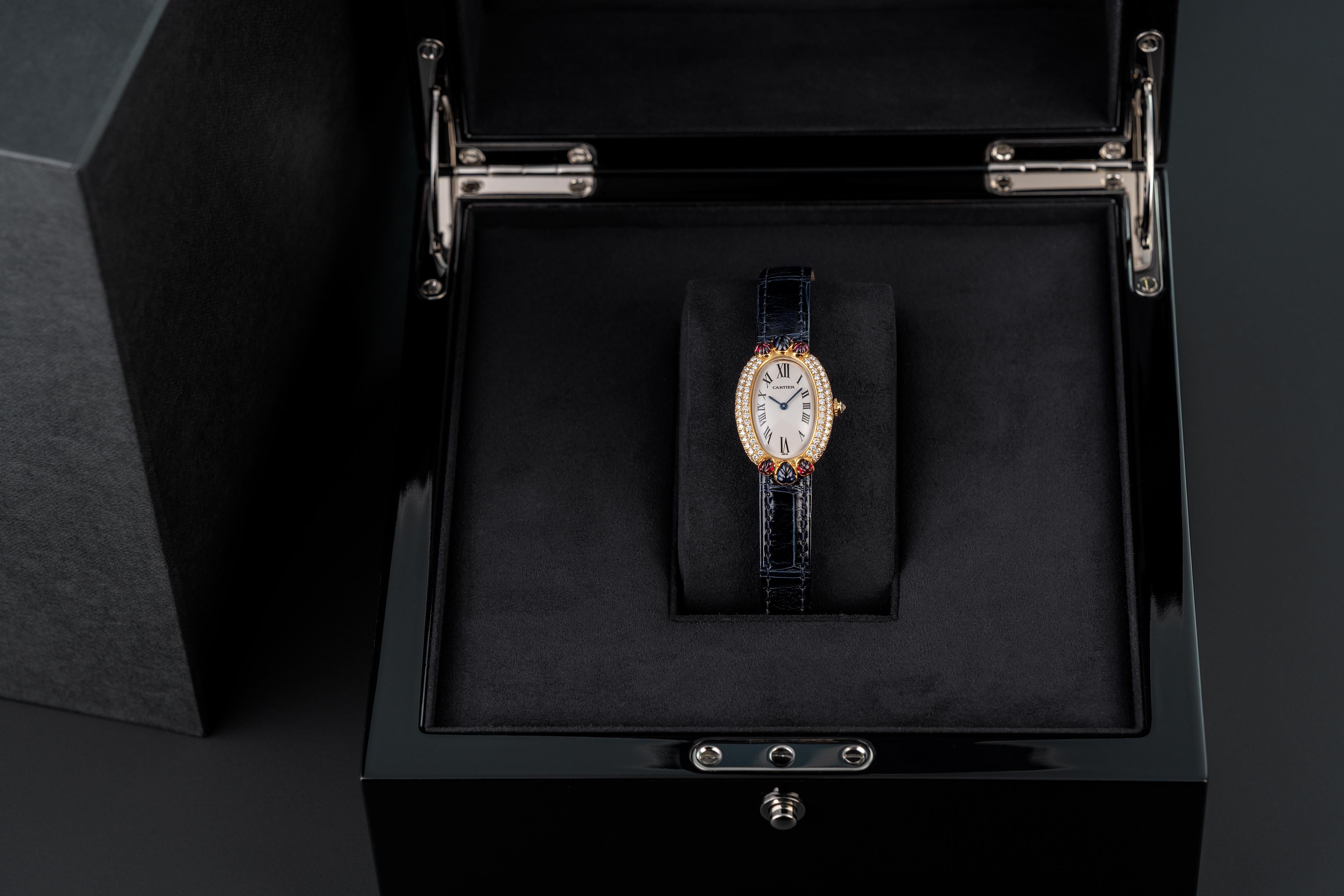Modern Cartier Baignoire Diamond, Ruby and Sapphire set
