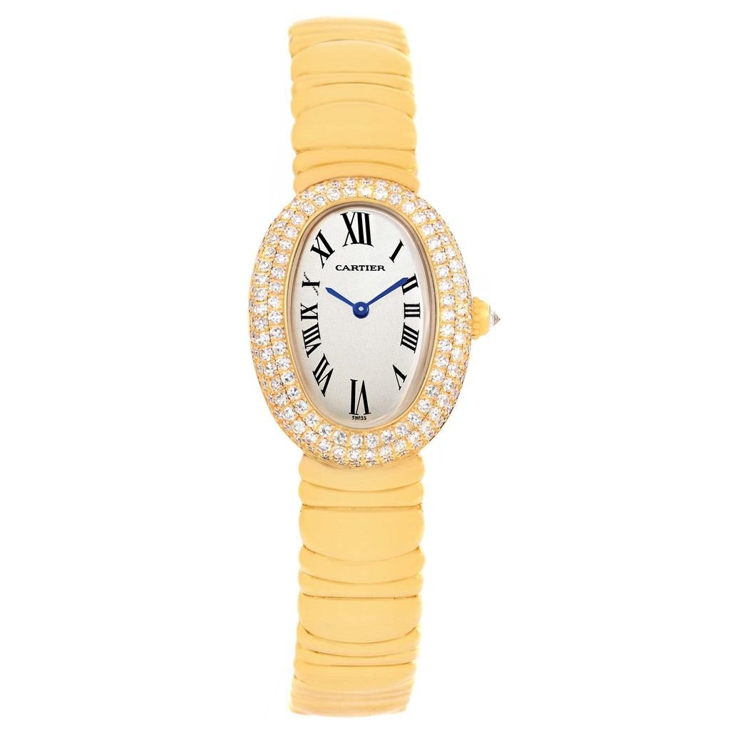 Cartier Baignoire Joaillerie 18K Yellow Gold Diamond Ladies Watch 1950. Quartz movement. 18k yellow gold oval case 31.0 x 22.5 mm. Crown set with the diamond. 18k yellow gold 3-row pave-set diamond bezel. Scratch resistant sapphire crystal. Silvered