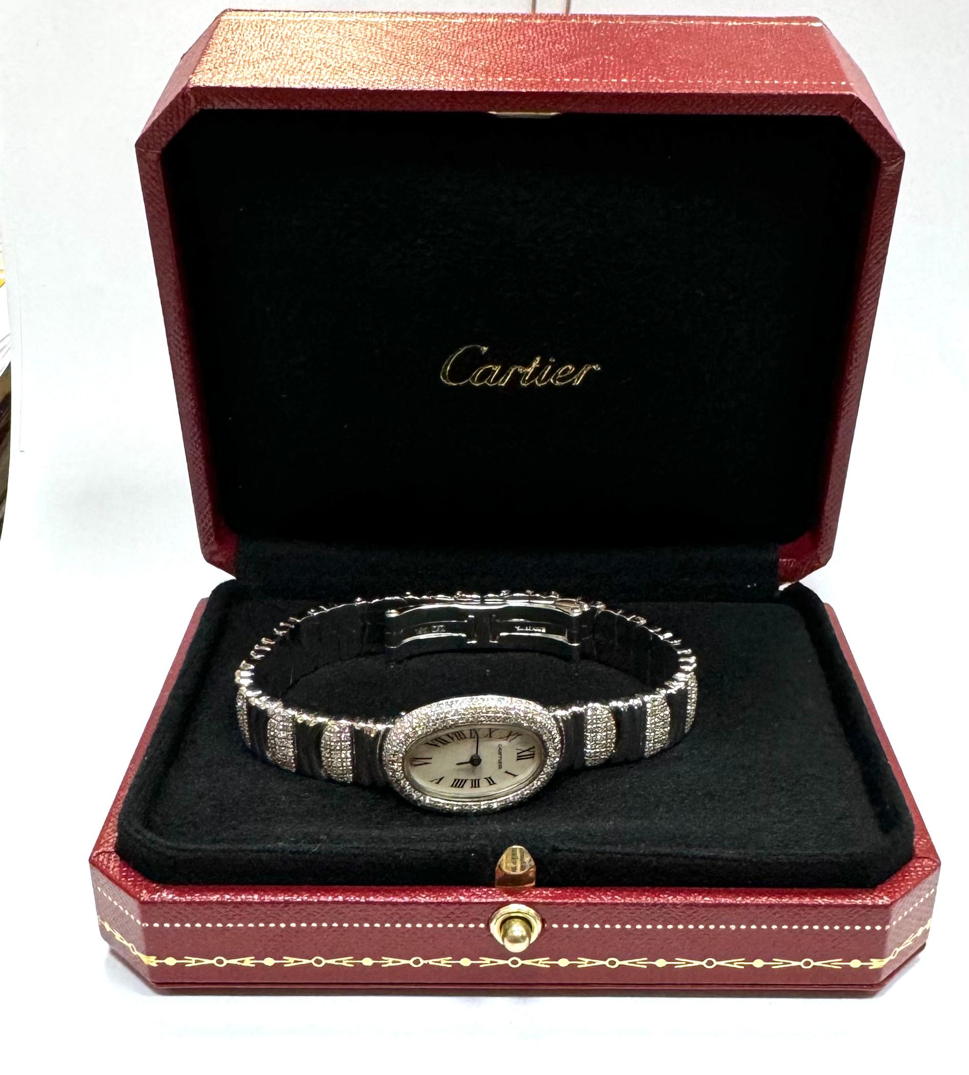 Cartier Baignoire Mini 18K White Gold Factory Diamond Bezel & Bracelet In Good Condition For Sale In North Miami Beach, FL