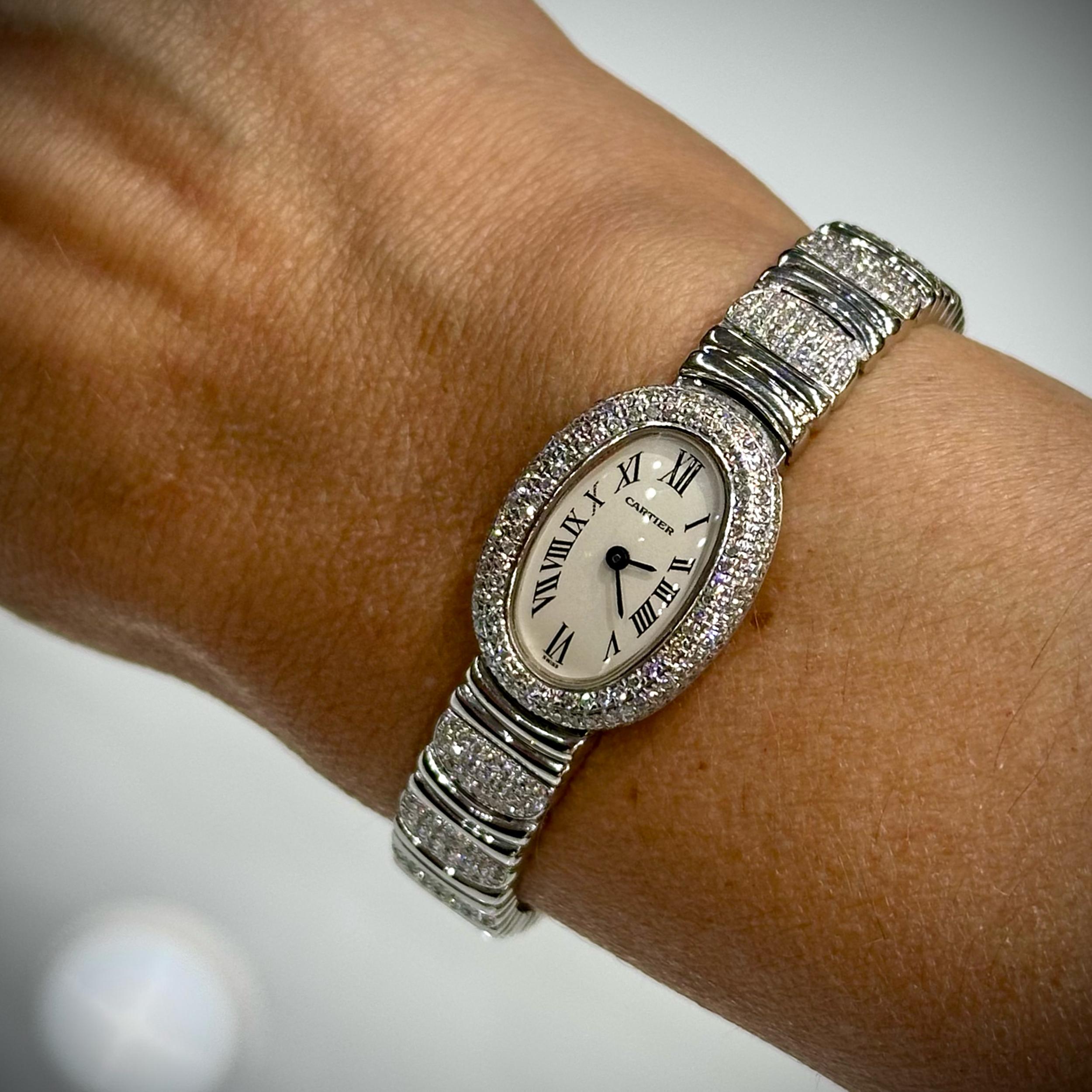 Women's Cartier Baignoire Mini 18K White Gold Factory Diamond Bezel & Bracelet For Sale