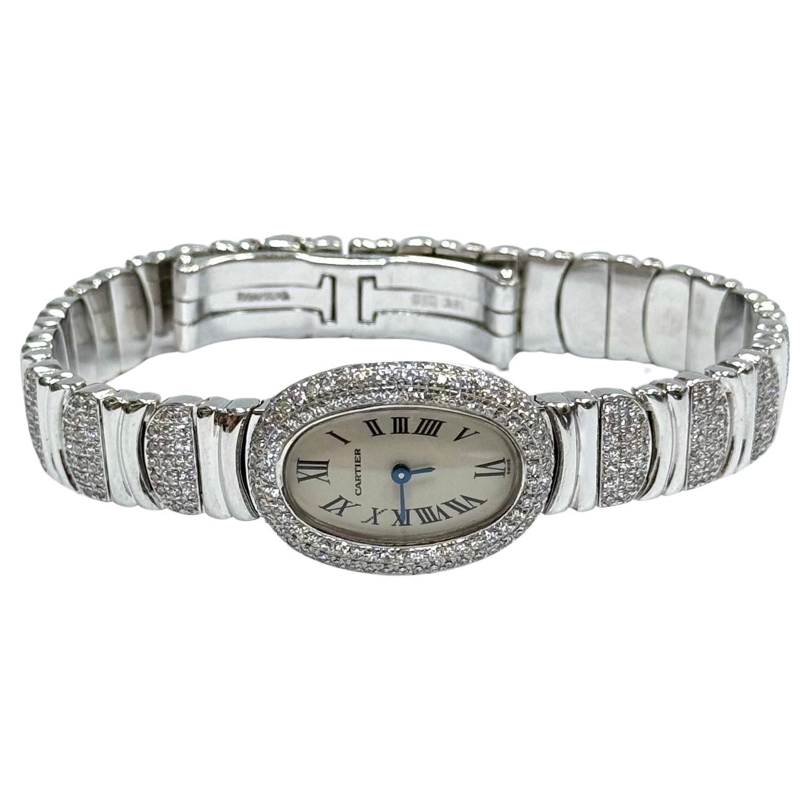 Cartier Baignoire Mini 18K White Gold Factory Diamond Bezel & Bracelet For Sale