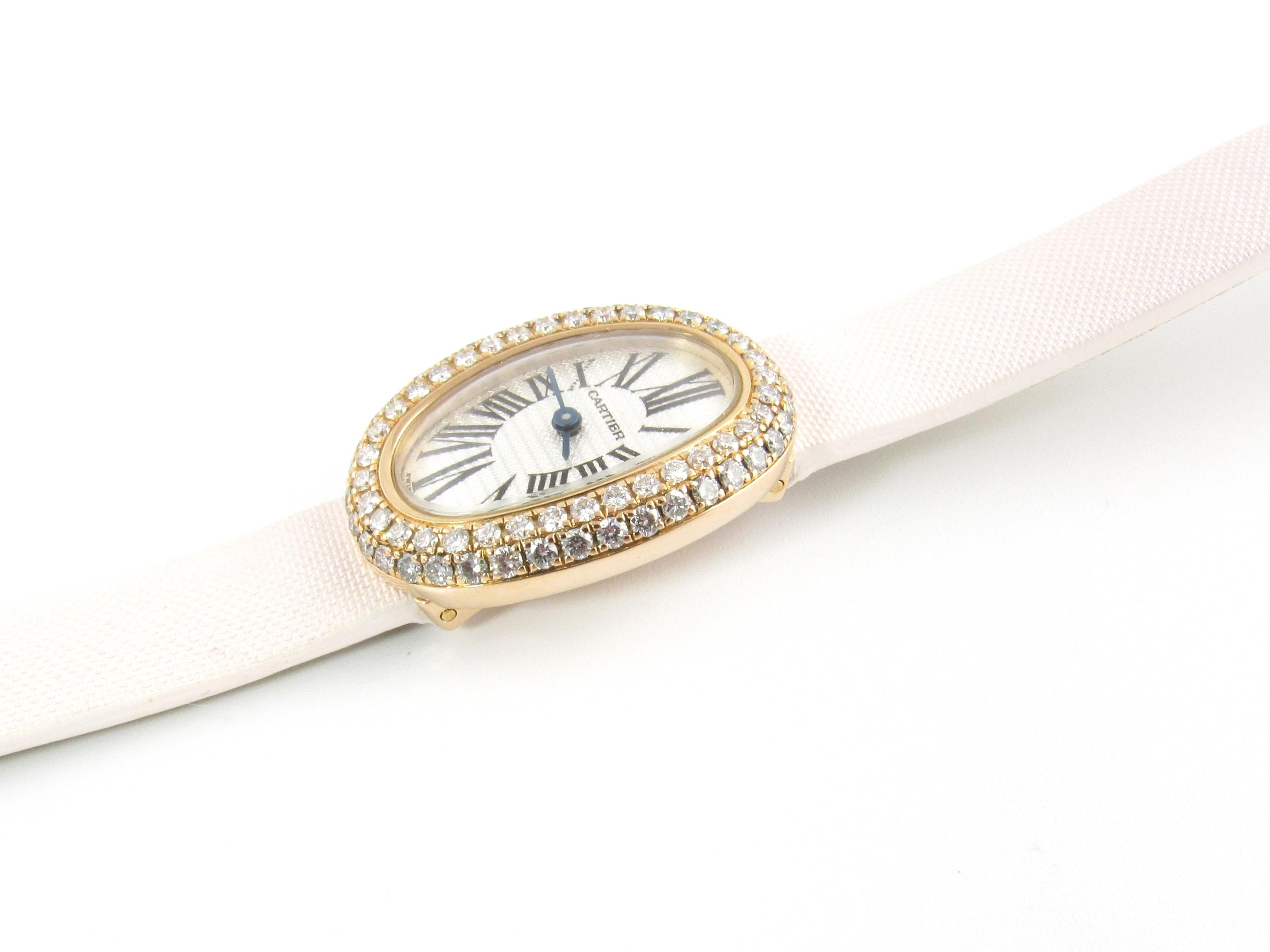 Taille ronde Cartier Baignoire Mini Diamond Montre Femme Or 18 Carats Ovale Bracelet Satin Rose