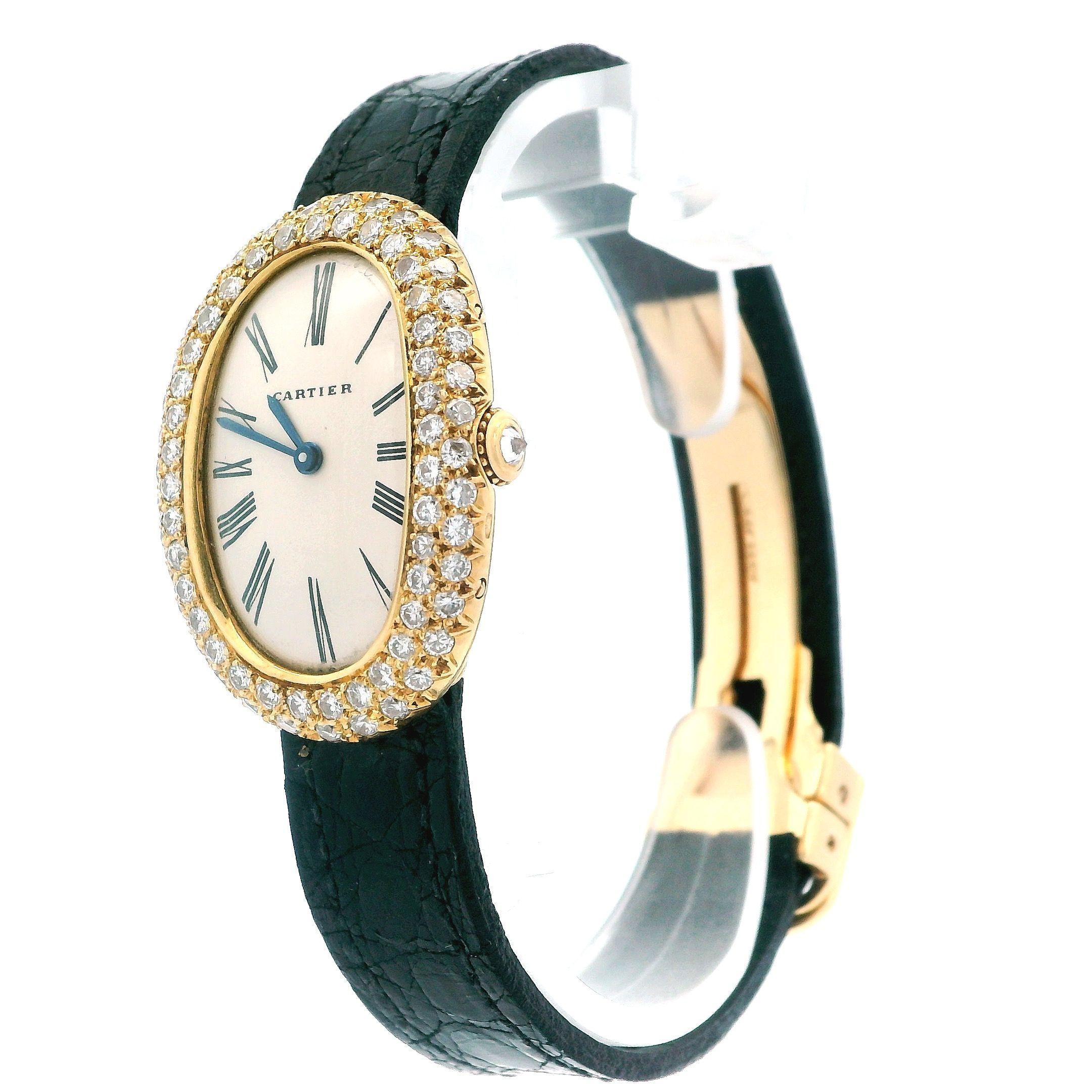Round Cut Cartier Baignoire Paris 18K Yellow Gold & Factory Diamond Bezel Ladies Watch