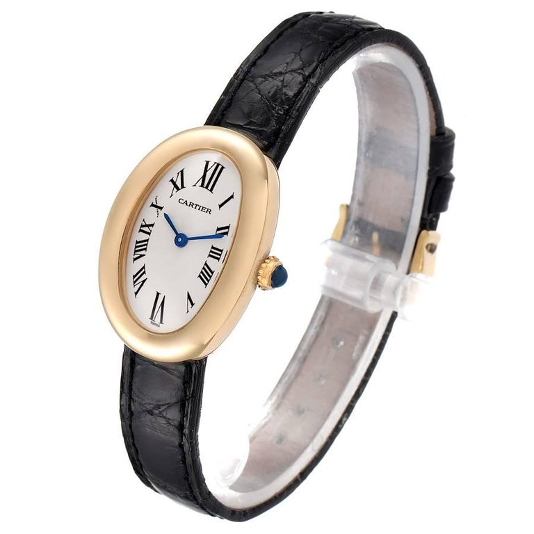 Women's Cartier Baignoire Silver Dial Black Strap Yellow Gold Ladies Watch 1954 For Sale