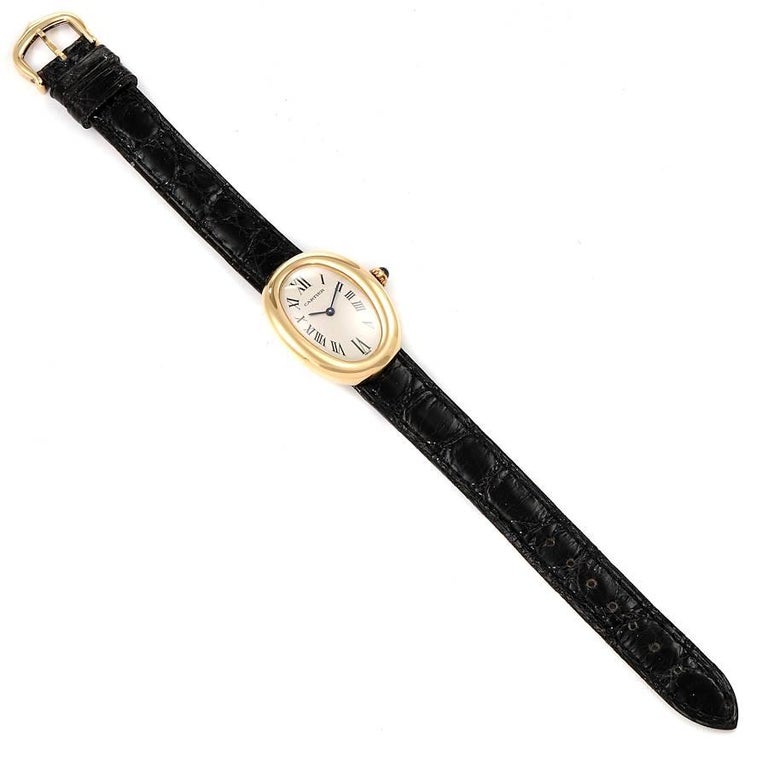 Cartier Baignoire Silver Dial Black Strap Yellow Gold Ladies Watch 1954 For Sale 4