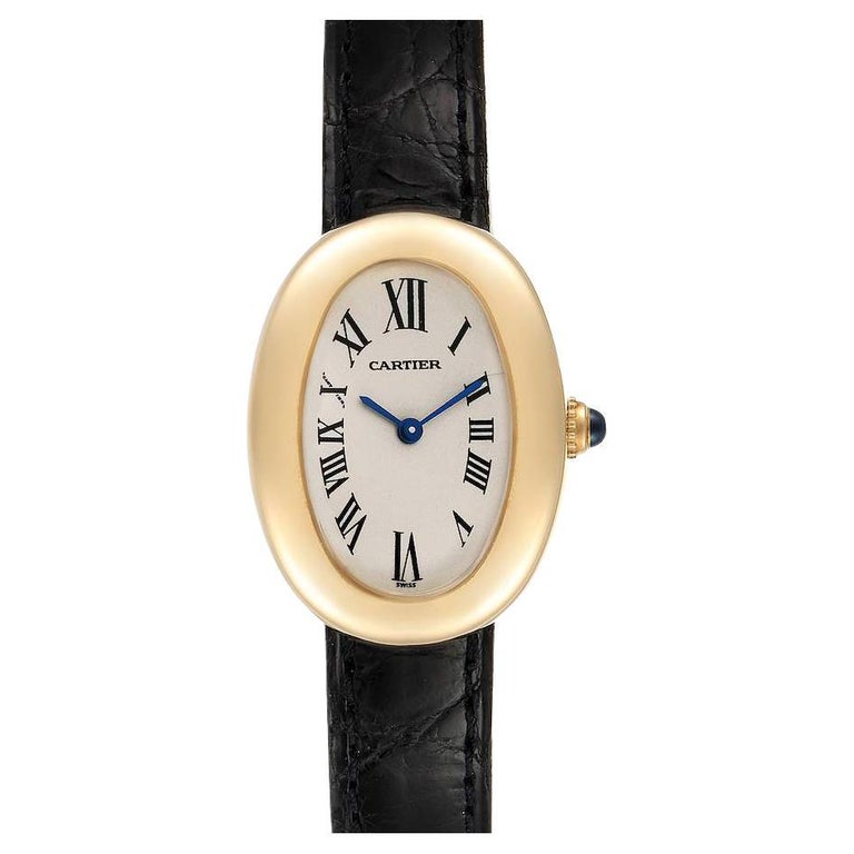 Cartier Baignoire Silver Dial Black Strap Yellow Gold Ladies Watch 1954 For Sale